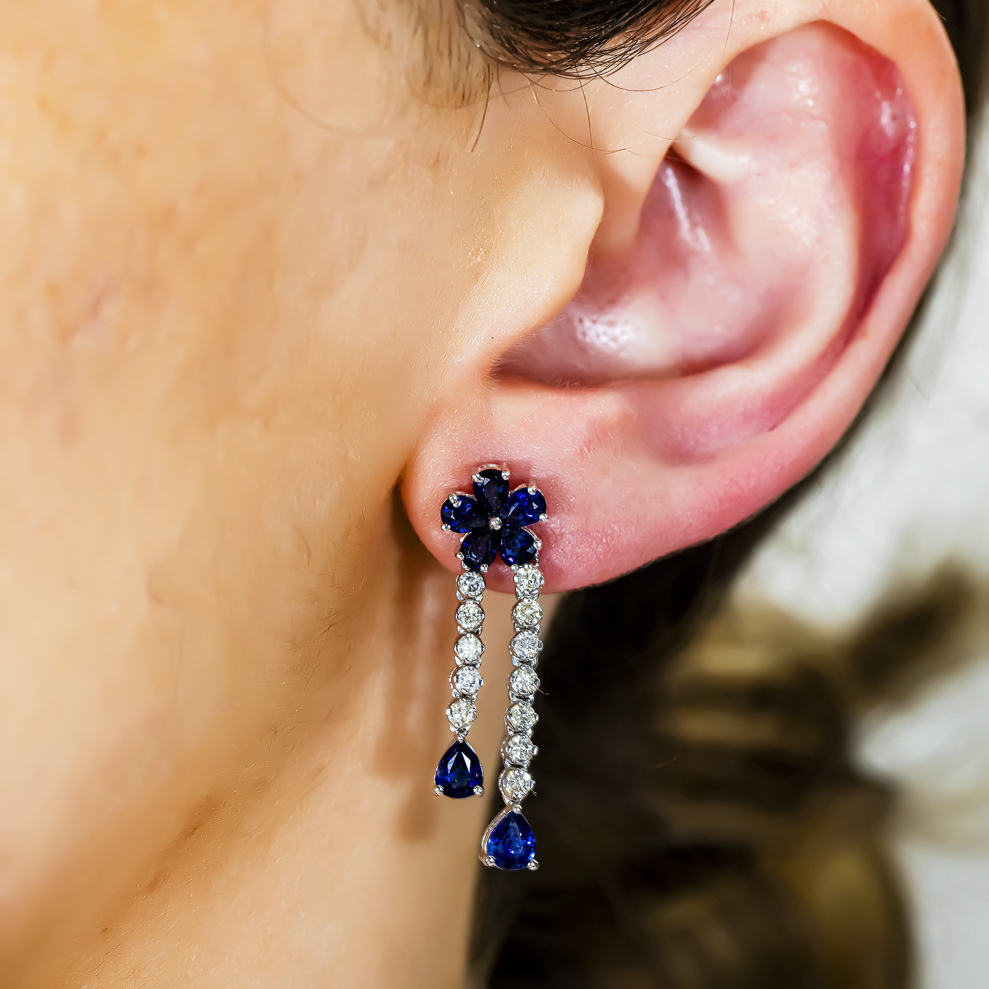 14K White Gold Sapphire & Diamond Flower Drop Earrings 4.40ctw