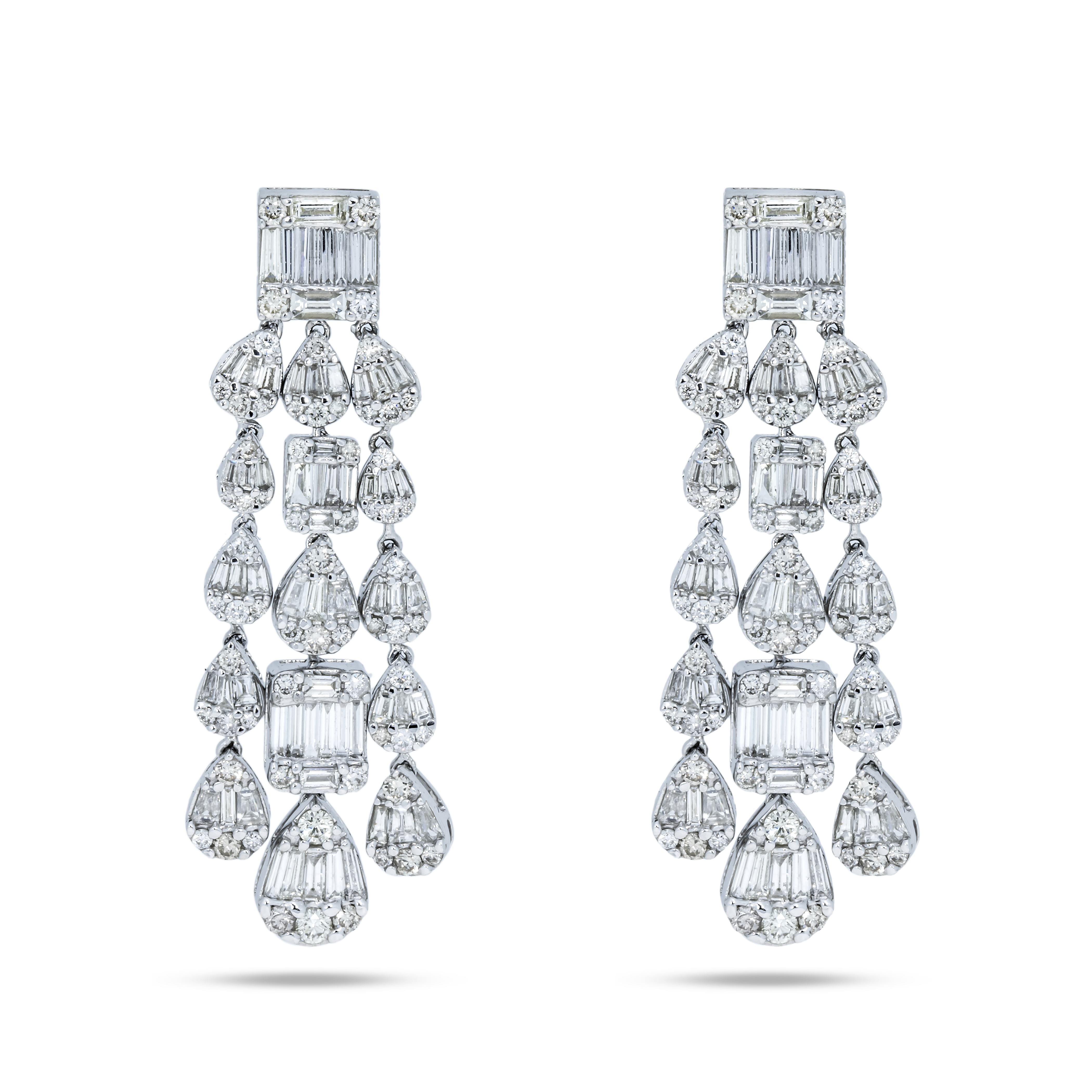 14K White Gold Triple Tier Baguette Diamond Drop Earrings 5.94Ctw