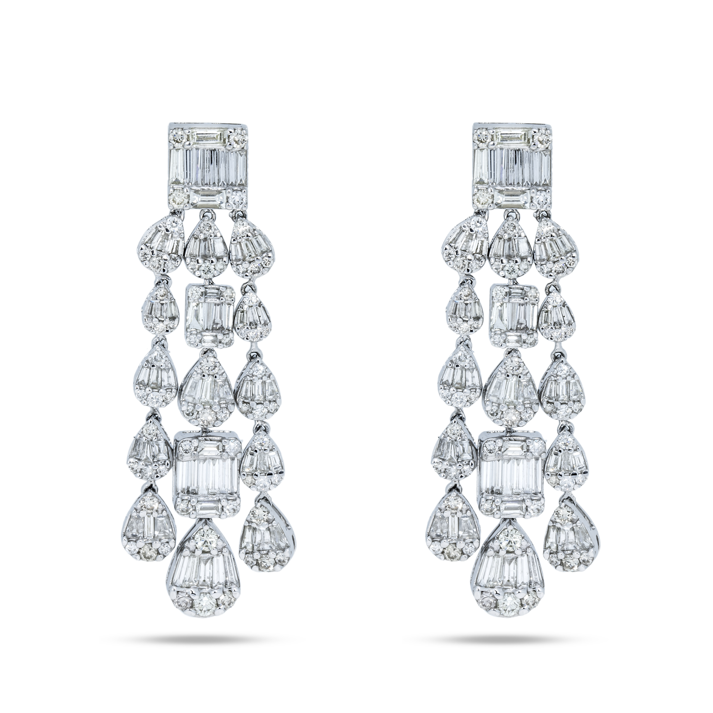 14K White Gold Triple Tier Baguette Diamond Drop Earrings 5.94ctw