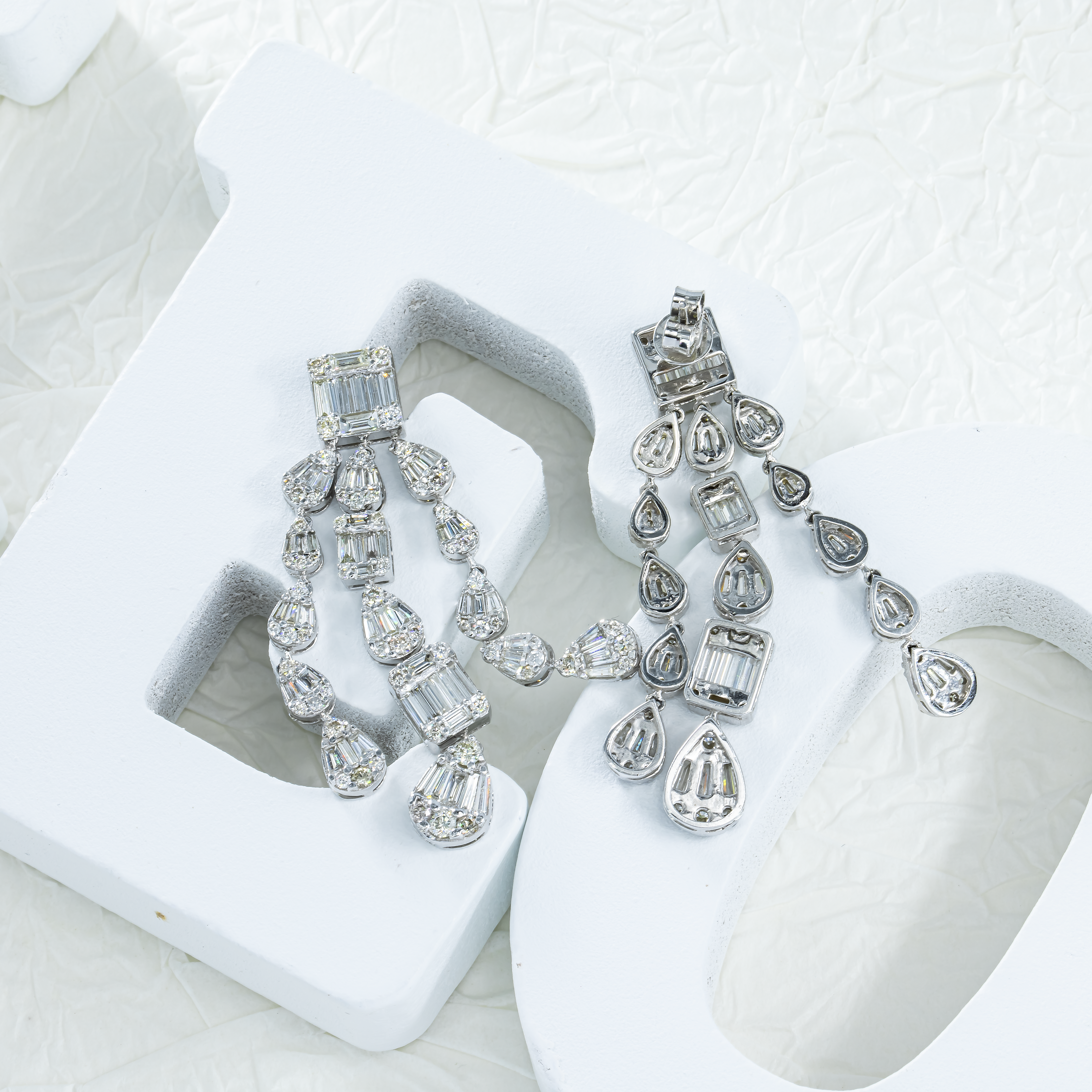 14K White Gold Triple Tier Baguette Diamond Drop Earrings 5.94Ctw