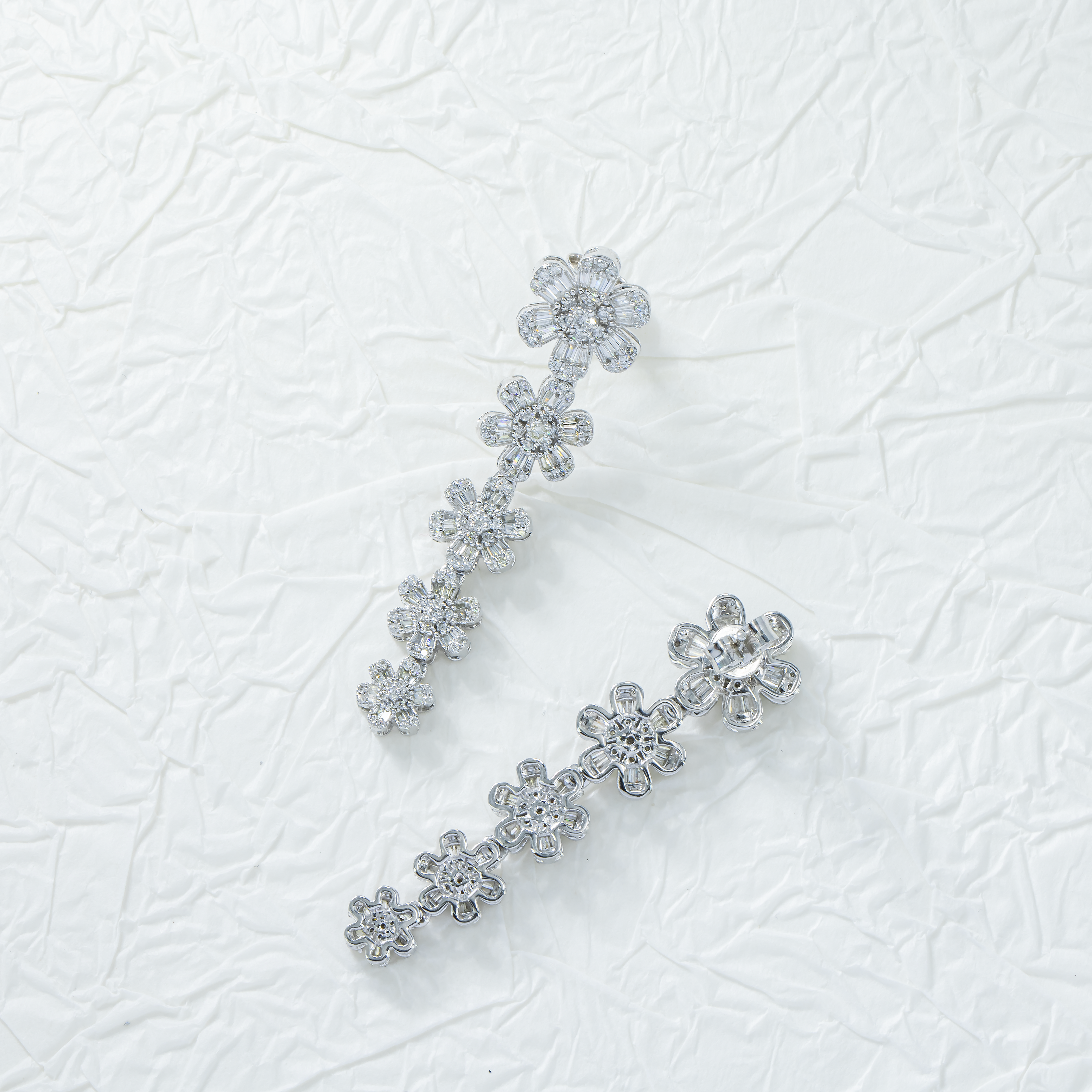 14K White Gold Diamond Flower Vine Drop Earrings 2.47Ctw