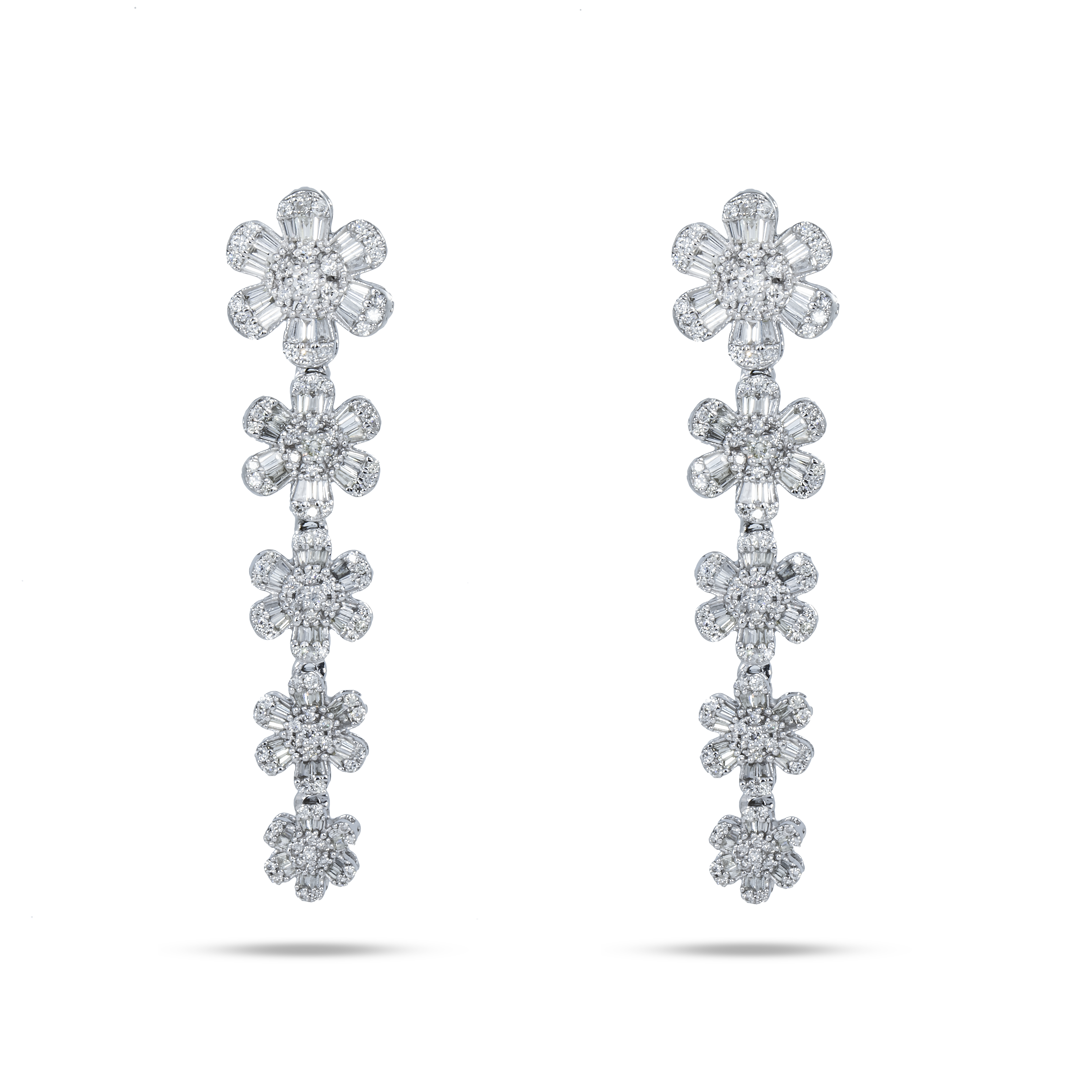14K White Gold Diamond Flower Vine Drop Earrings 2.47Ctw