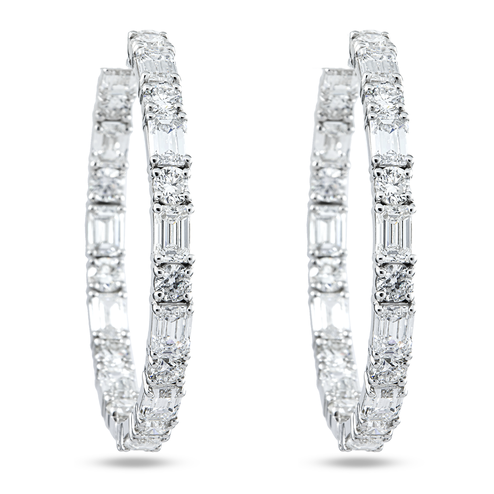 18K White Gold Round & Emerald Cut Diamond Inside Out Hoops 9.67ctw