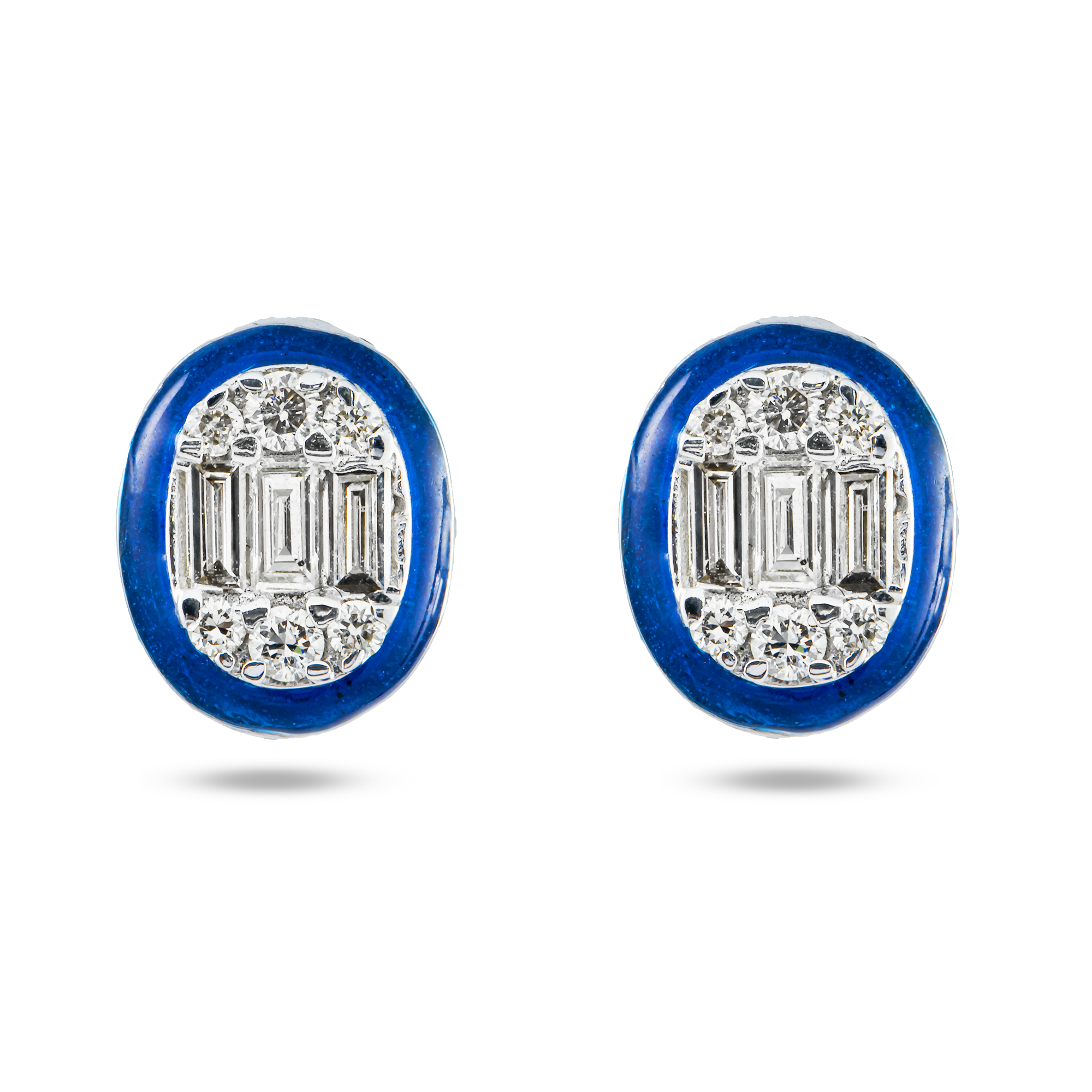 14K White Gold Round & Baguette Cut Diamond Oval Stud Earrings 0.40ctw (Any Color Enamel)