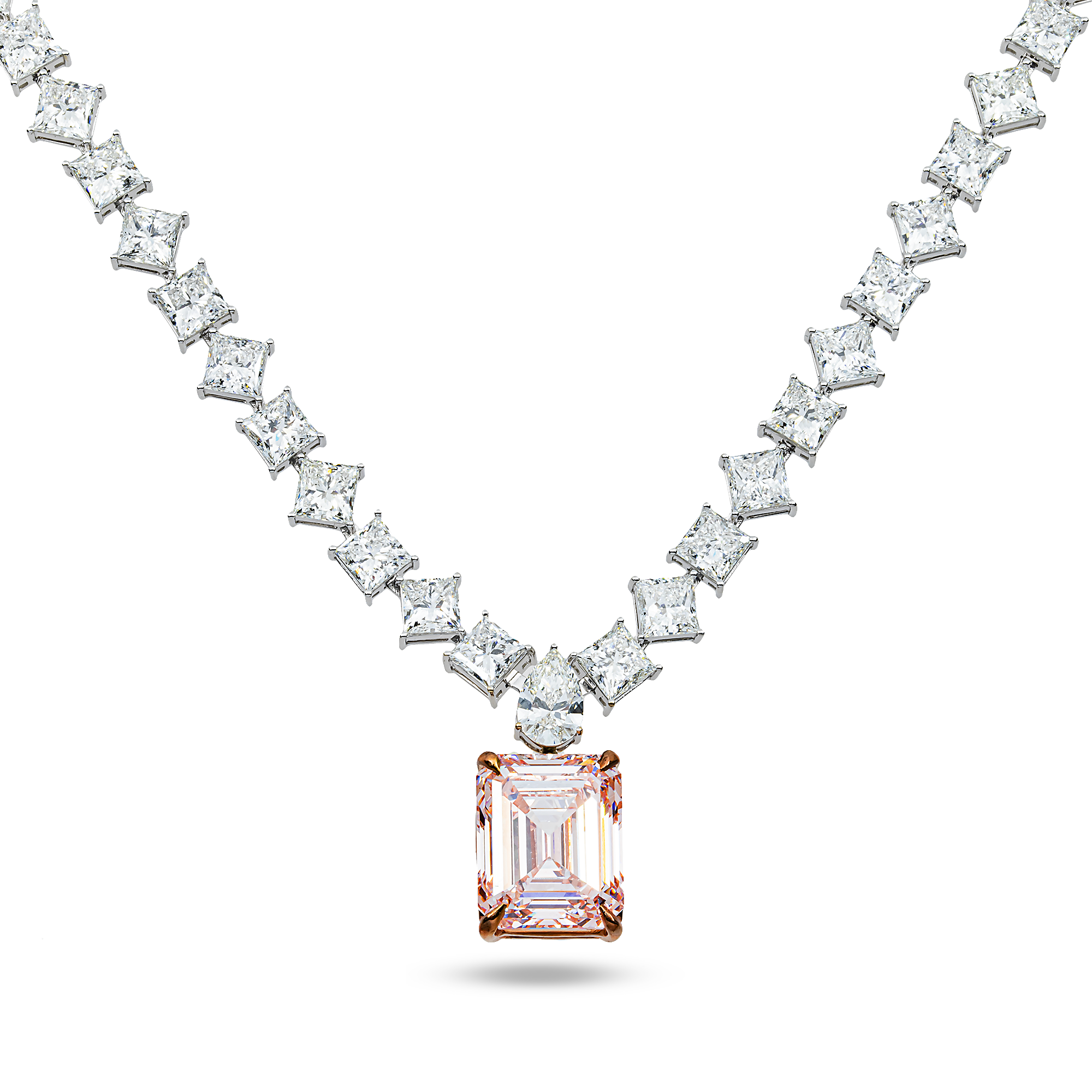 "The Heiress's Heirloom" -18K White Gold Fancy Pink Emerald & Princess Diamond Drop Necklace 55.17ct