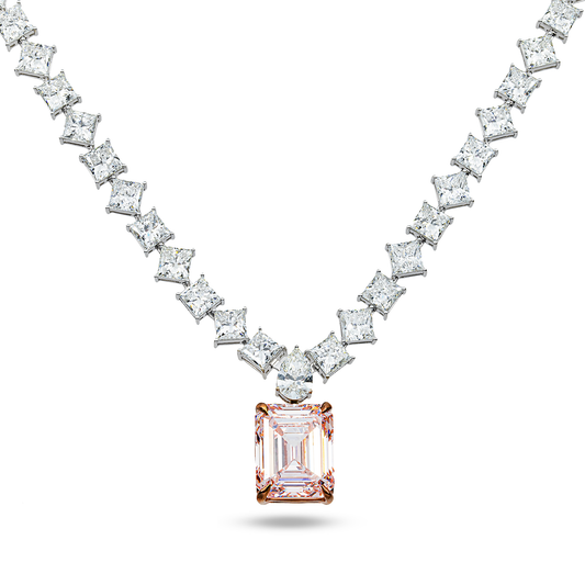 "The Heiress's Heirloom" -18K White Gold Fancy Pink Emerald & Princess Diamond Drop Necklace 55.17ct
