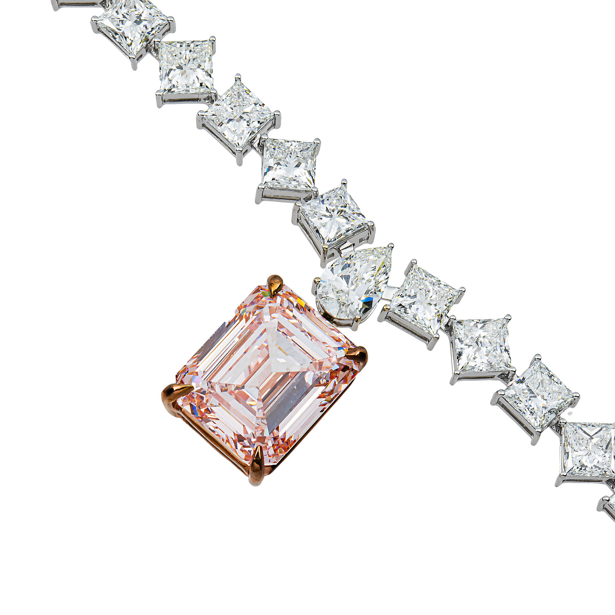 "The Heiress's Heirloom" -18K White Gold Fancy Pink Emerald & Princess Diamond Drop Necklace 55.17ct