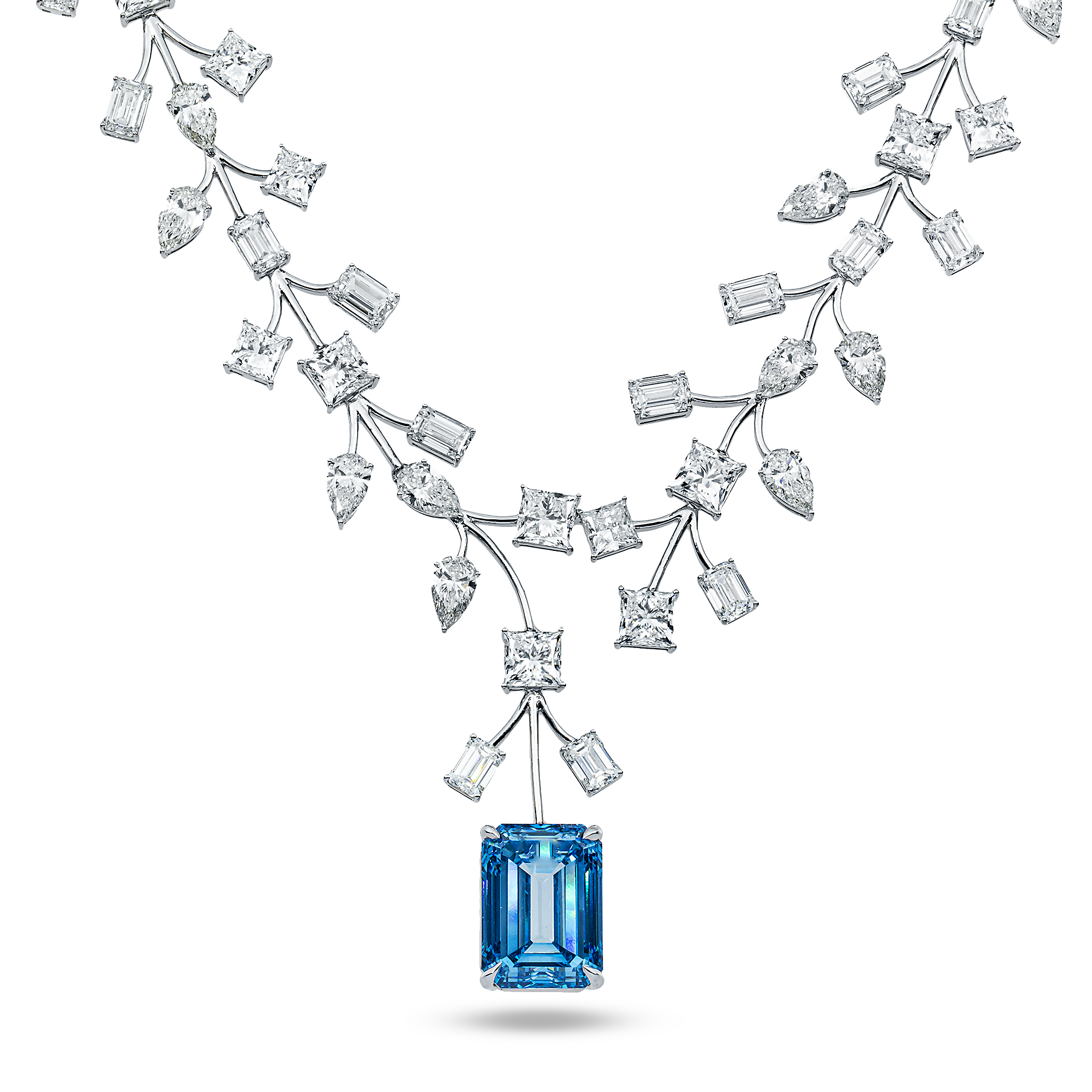 "Blue Ivy" - 18K White Gold Fancy Blue Emerald Diamond Drop Necklace 71.25ct