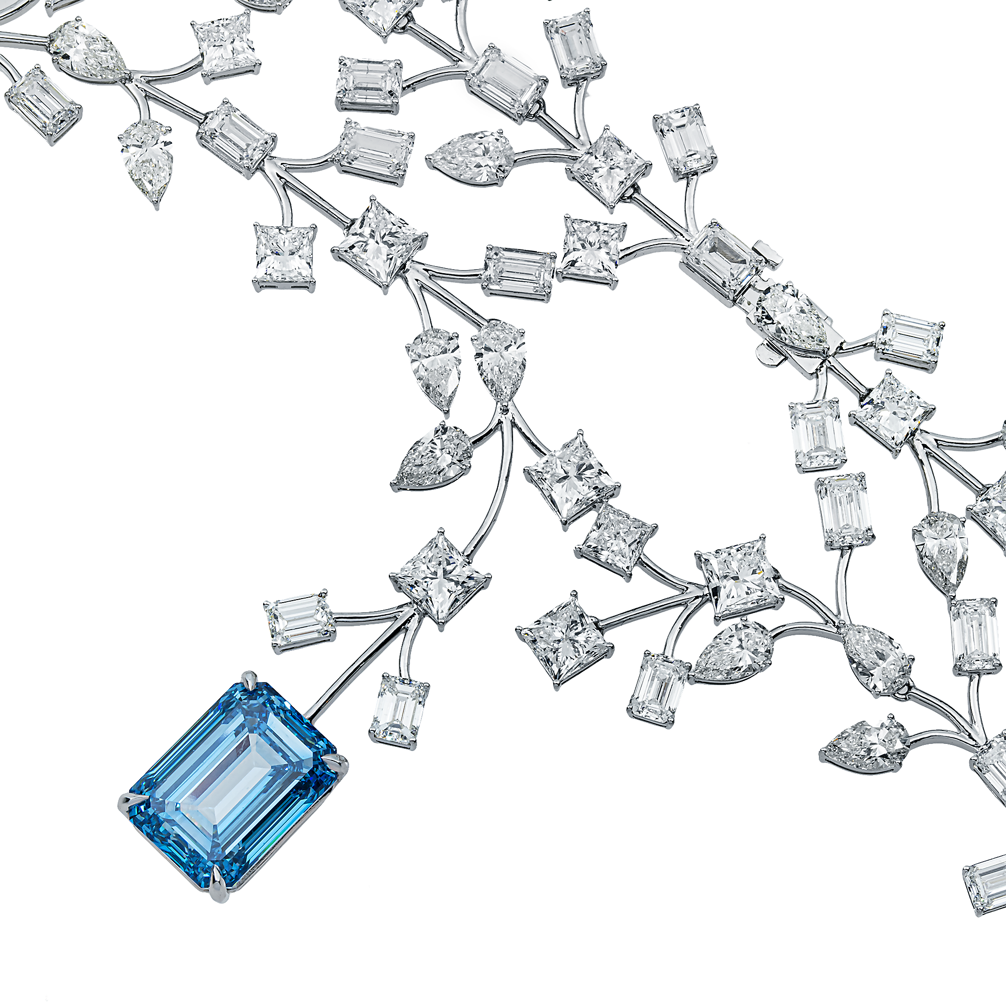 "Blue Ivy" - 18K White Gold Fancy Blue Emerald Diamond Drop Necklace 71.25ct