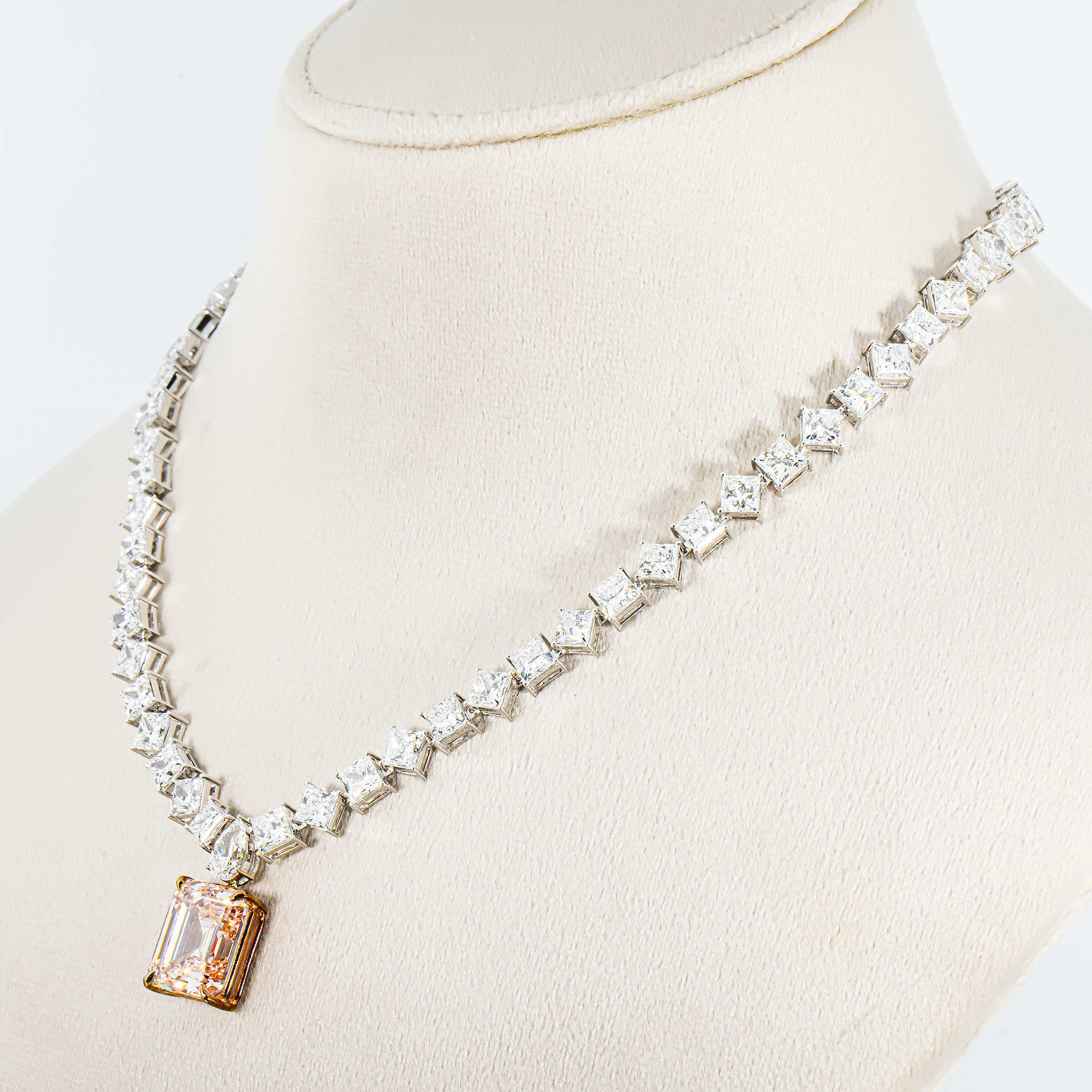 "The Heiress's Heirloom" -18K White Gold Fancy Pink Emerald & Princess Diamond Drop Necklace 55.17ct