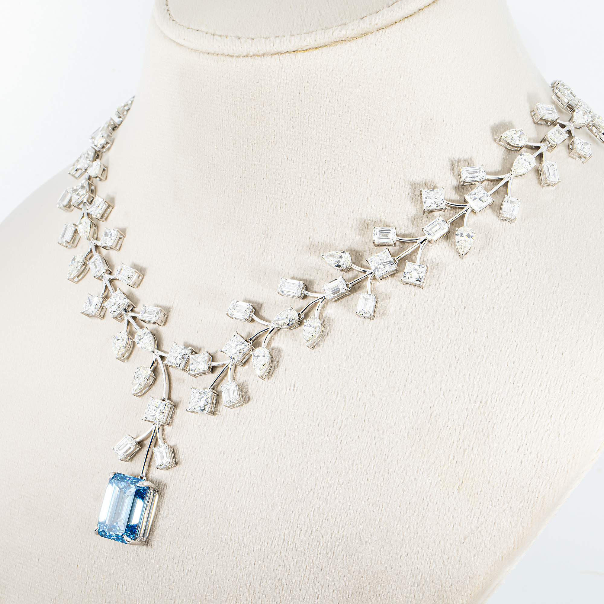 "Blue Ivy" - 18K White Gold Fancy Blue Emerald Diamond Drop Necklace 71.25ct