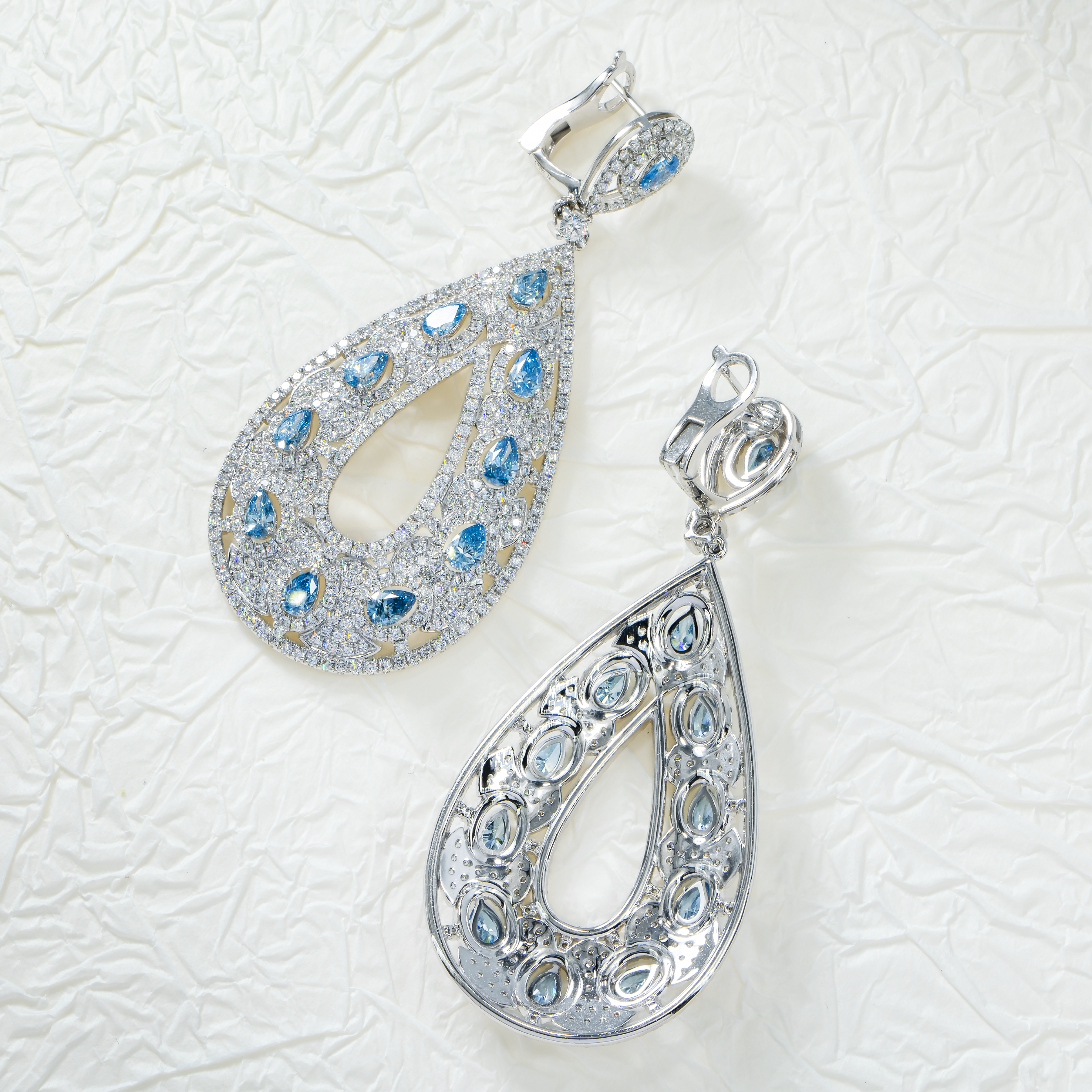 18K White Gold Blue Diamond Raindrop Earrings 12.25Ctw