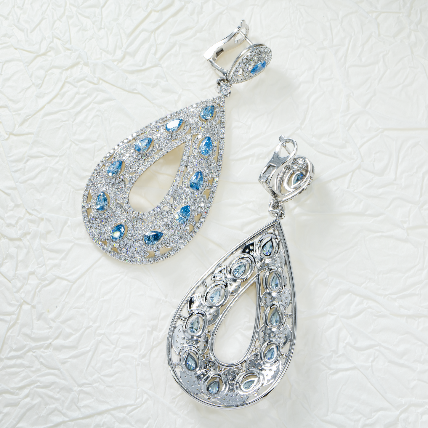 18K White Gold Blue Diamond Raindrop Earrings 12.25ctw