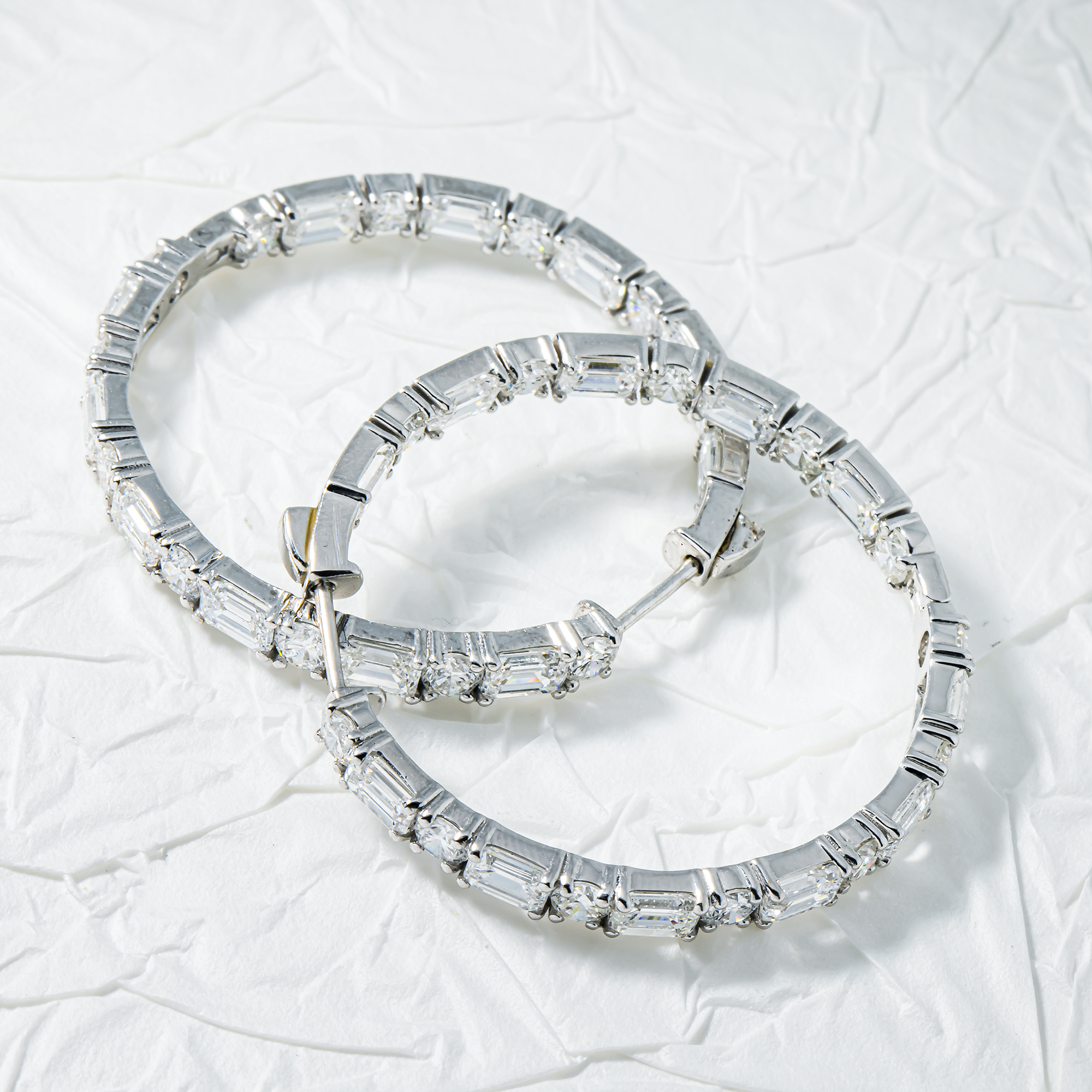 18K White Gold Round & Emerald Cut Diamond Inside Out Hoops 9.67ctw