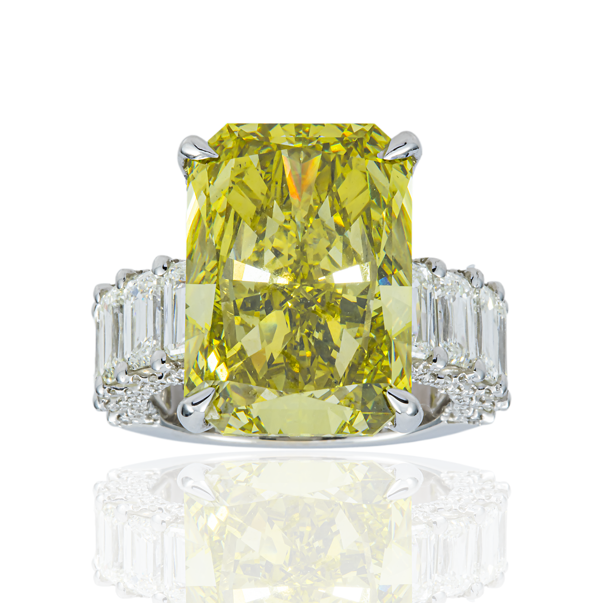 18K White Gold 14.15ct Radiant Fancy Vivid Yellow Diamond Ring 18.42ctw
