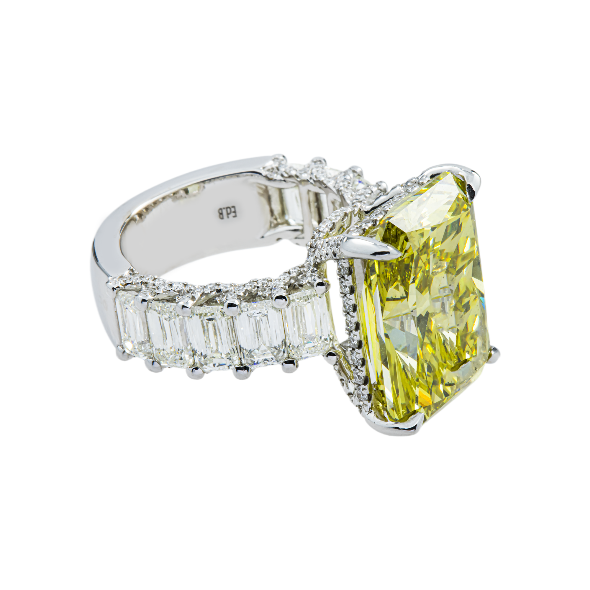 18K White Gold 14.15ct Radiant Fancy Vivid Yellow Diamond Ring 18.42ctw