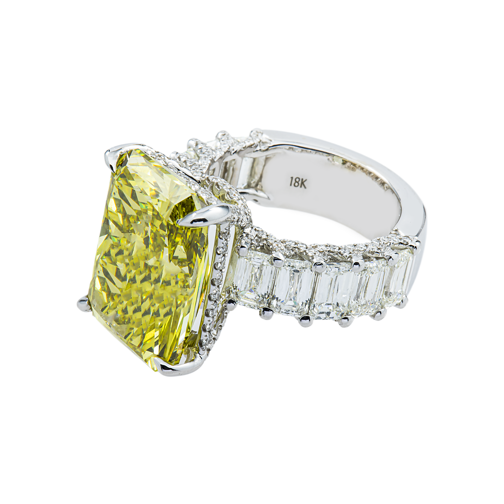 18K White Gold 14.15ct Radiant Fancy Vivid Yellow Diamond Ring 18.42ctw
