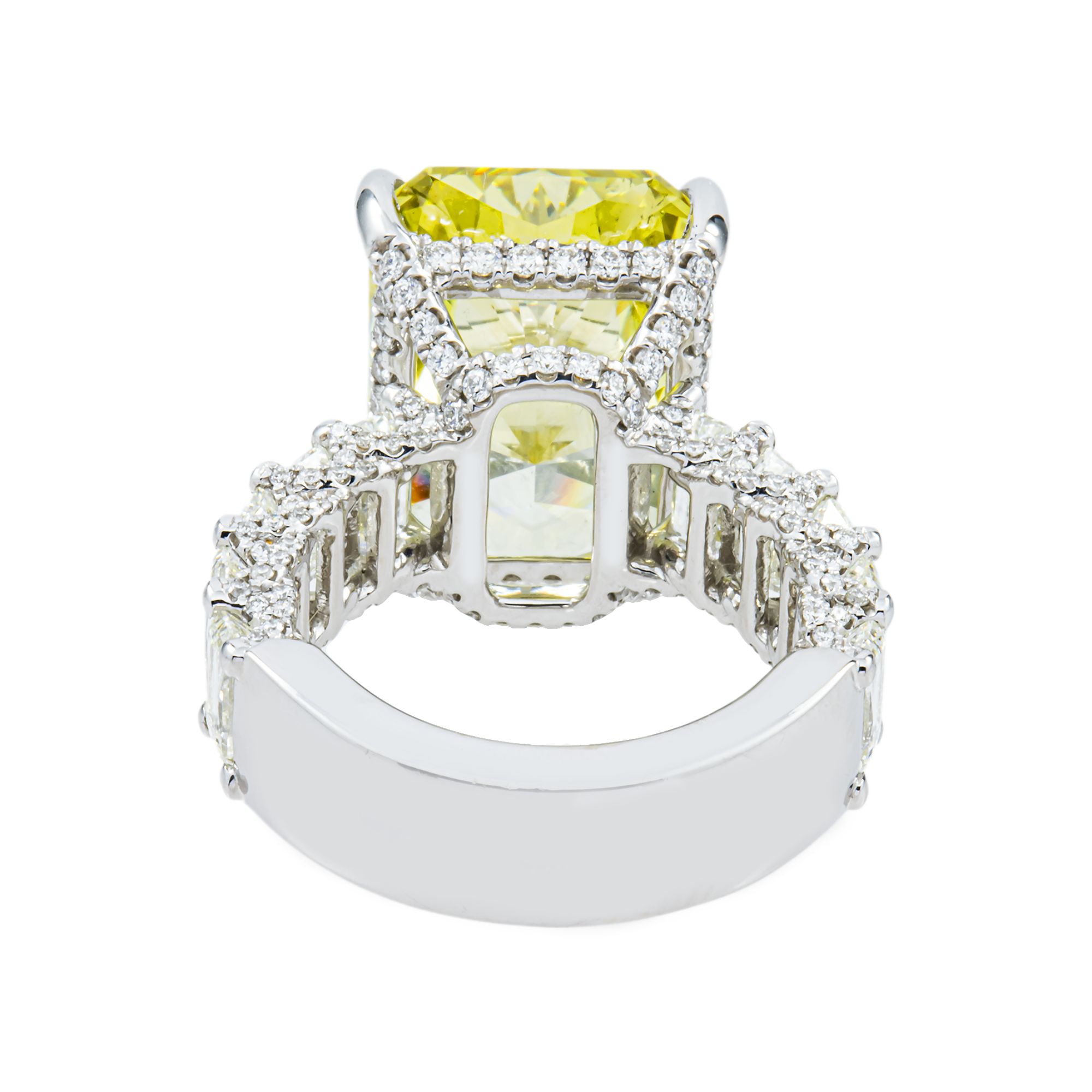 18K White Gold 14.15ct Radiant Fancy Vivid Yellow Diamond Ring 18.42ctw