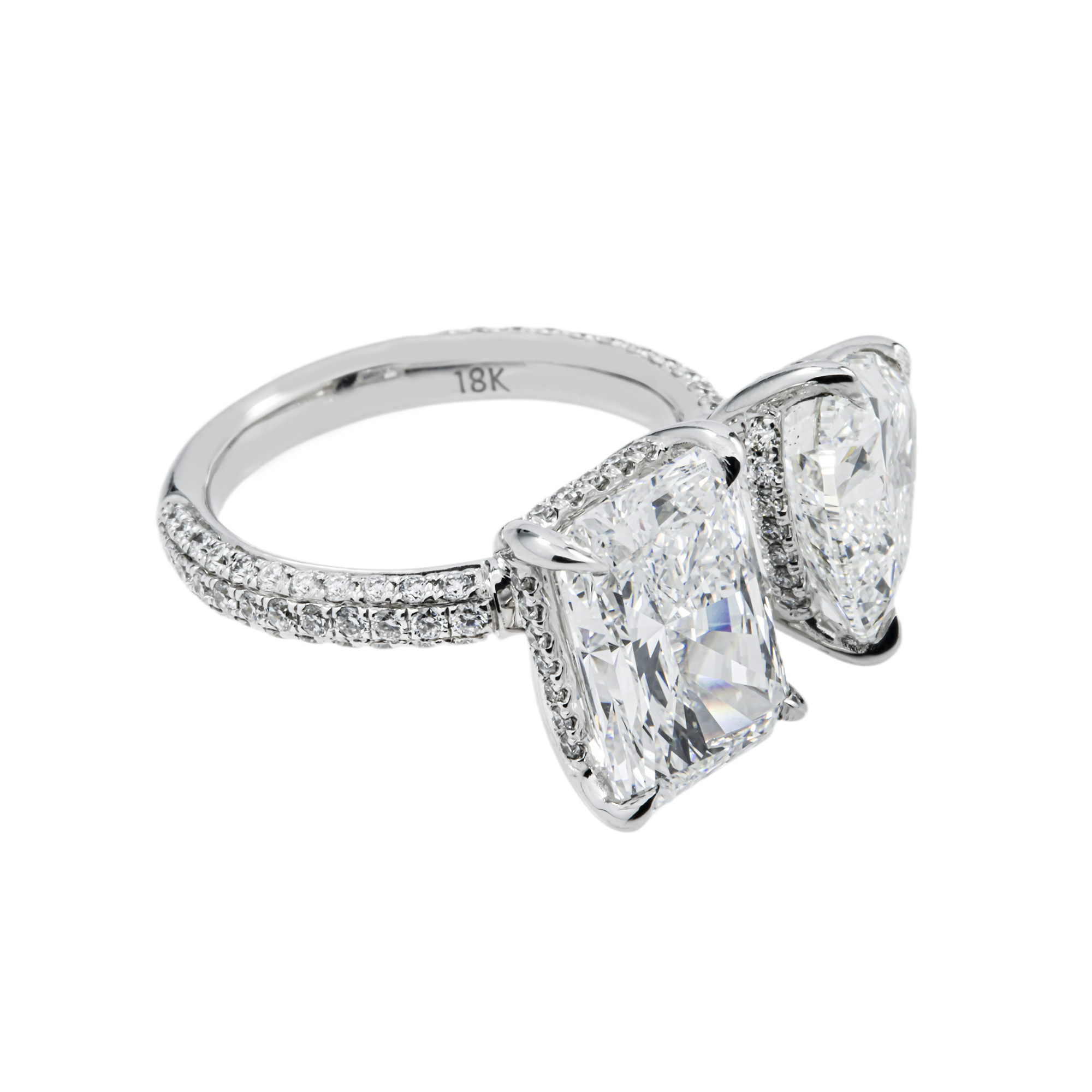 18K White Gold Heart & Radiant Cut Diamond Toi et Moi Ring 8.34ctw