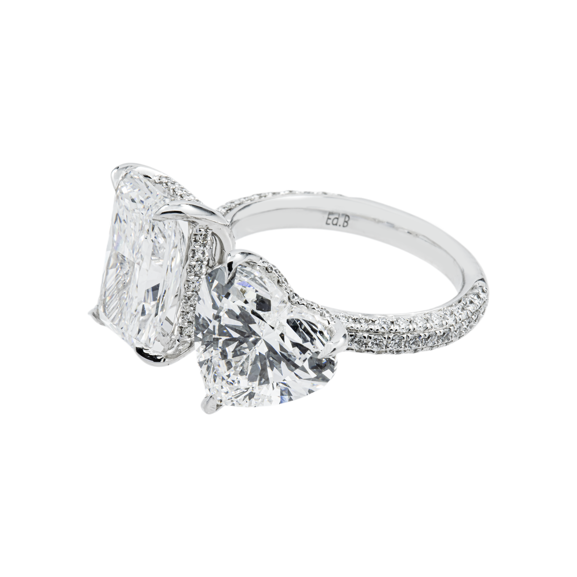 18K White Gold Heart & Radiant Cut Diamond Toi et Moi Ring 8.34ctw