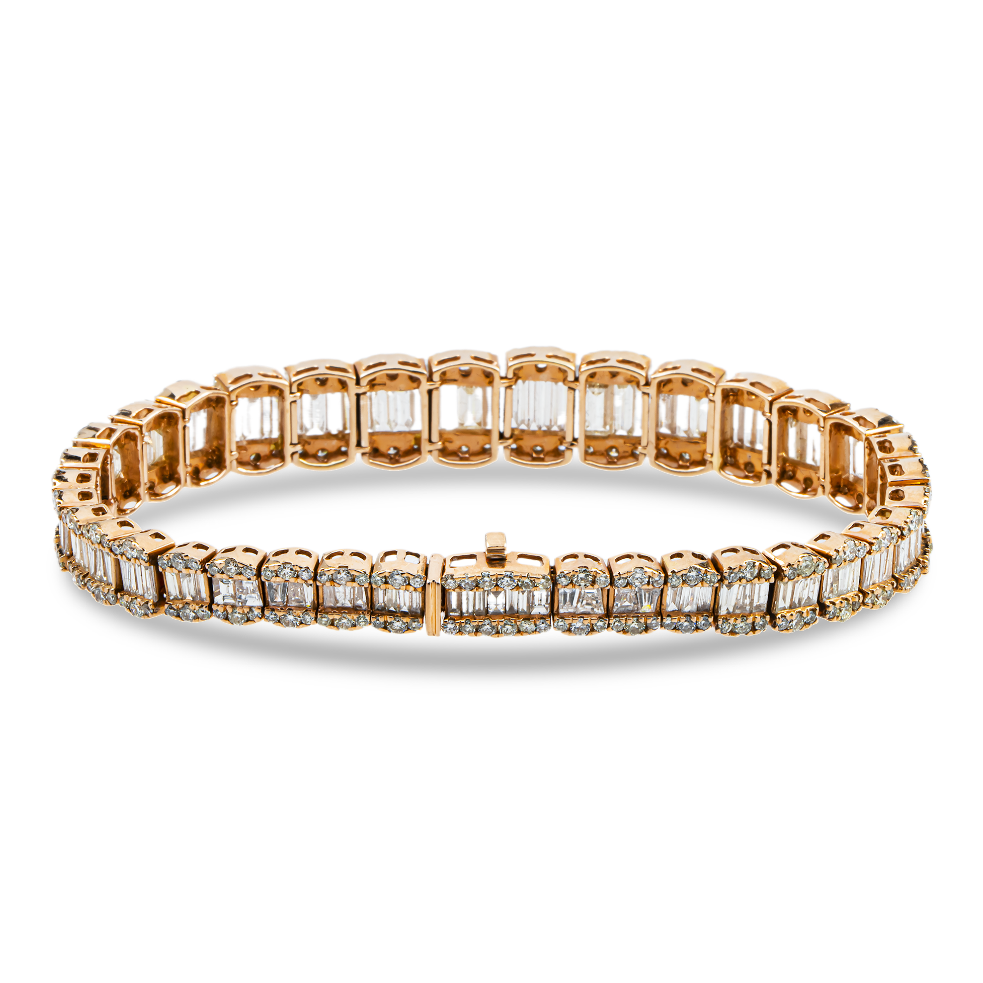 14K Rose Gold Graduated Baguette & Round Diamond Bracelet 14.48ct