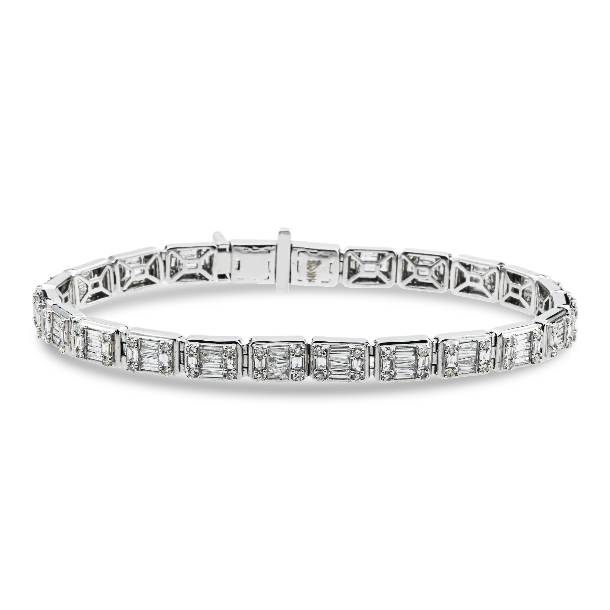 14K White Gold Baguette & Round Diamond Bracelet 6.05ct