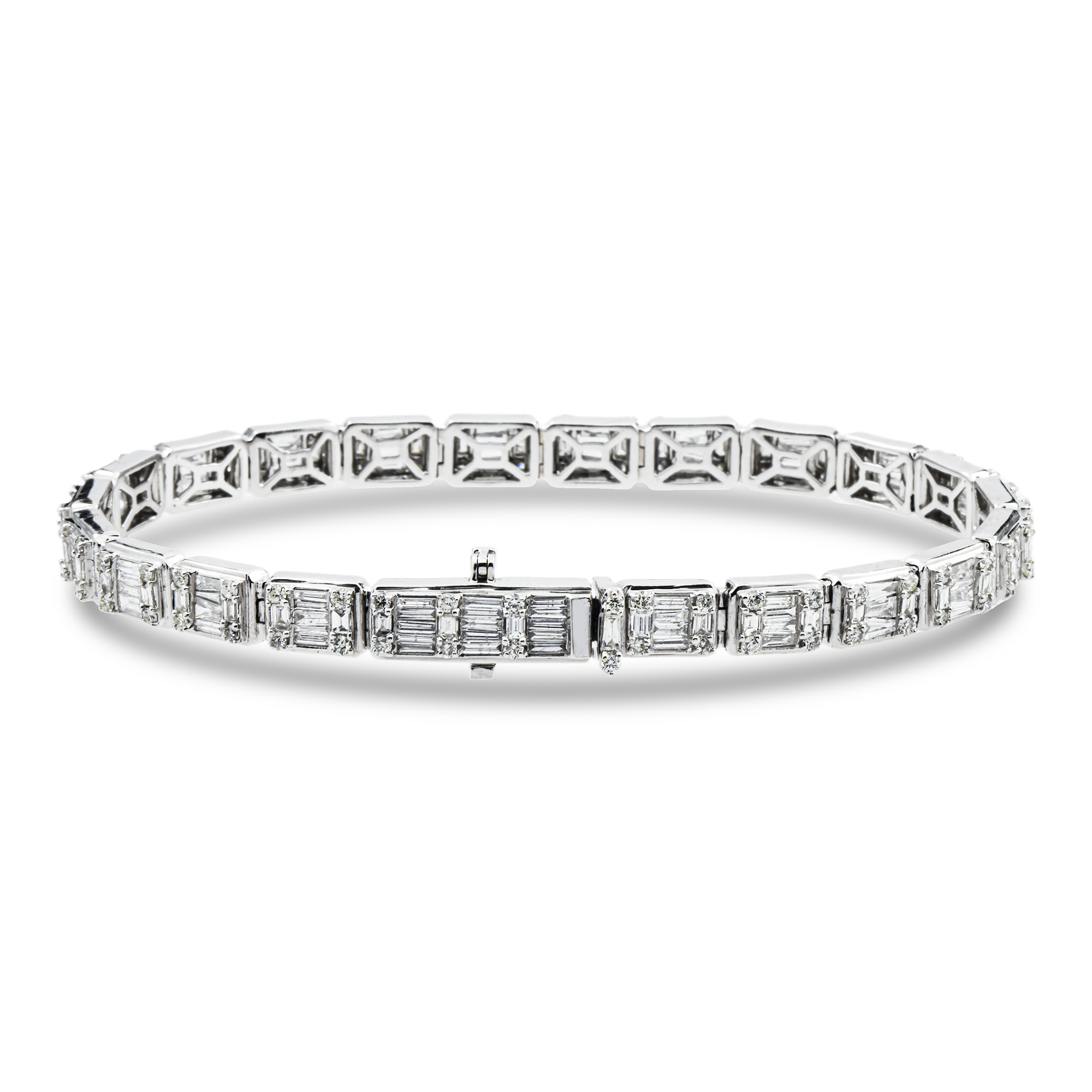 14K White Gold Baguette & Round Diamond Bracelet 6.05ct