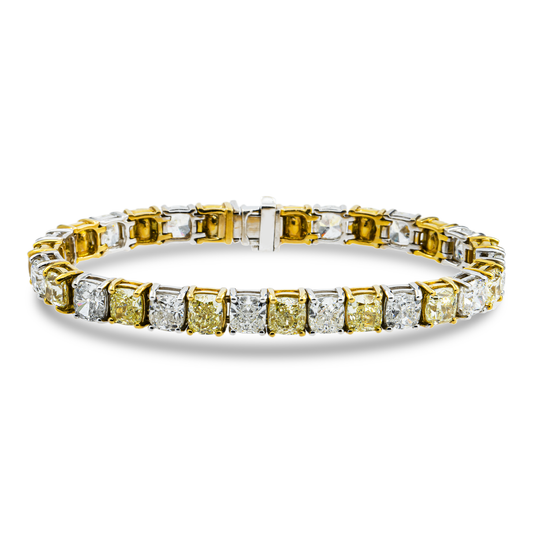 18K Two Tone Fancy Light Yellow & White Cushion Cut Diamond Tennis Bracelet 31.02ct