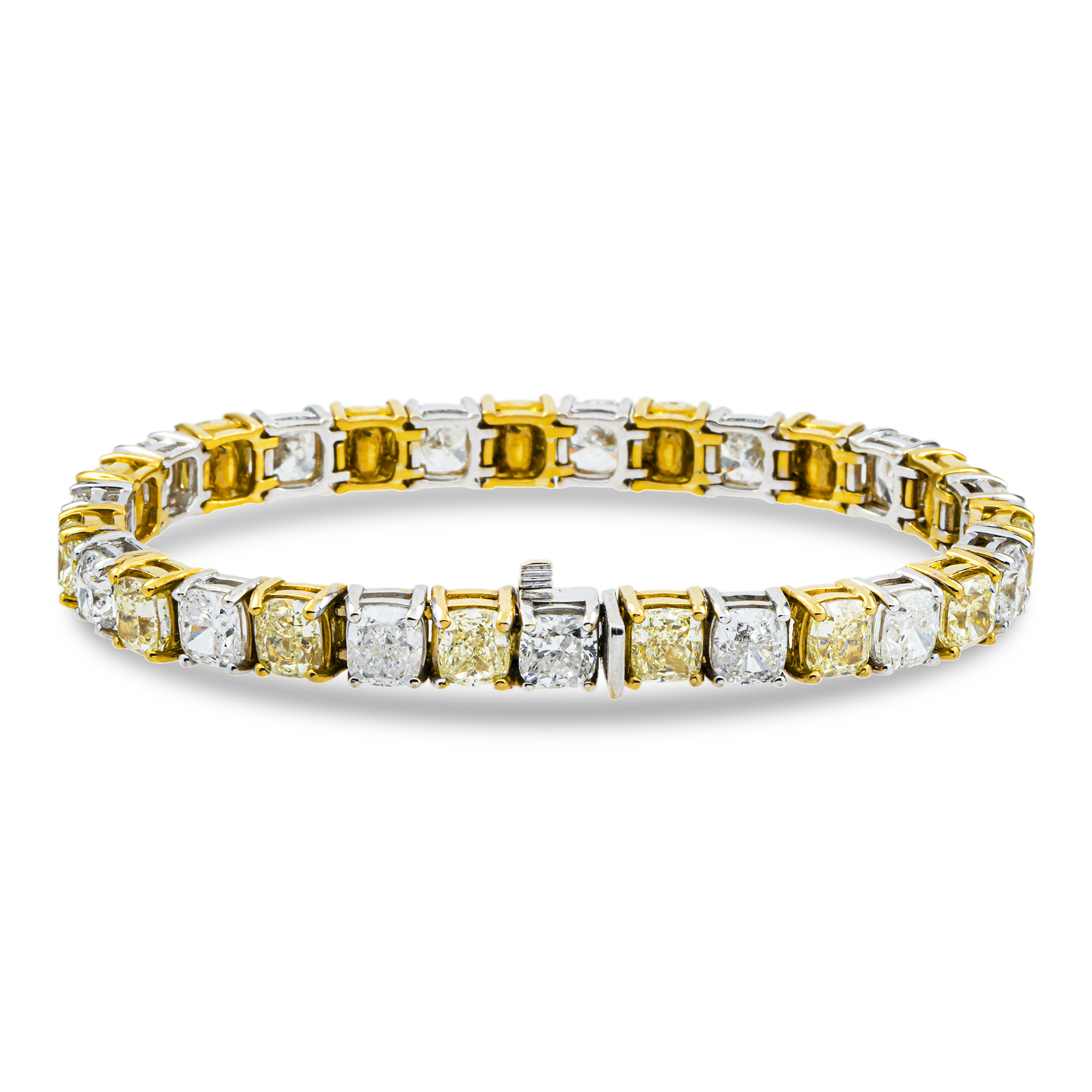 18K Two Tone Fancy Light Yellow & White Cushion Cut Diamond Tennis Bracelet 31.02ct
