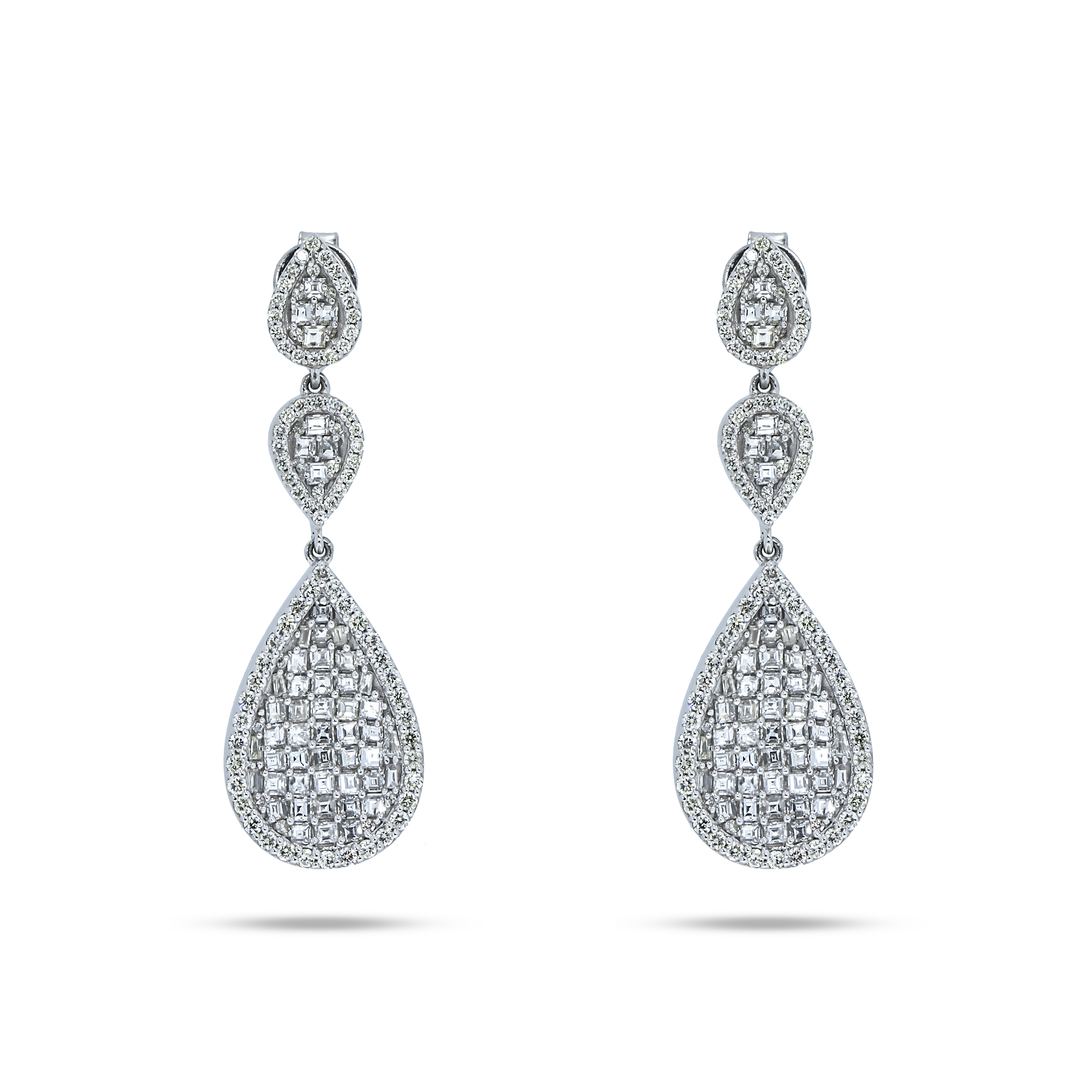 14K White Gold Asscher Cut Diamond Tier Drop Earrings 3.05Ctw