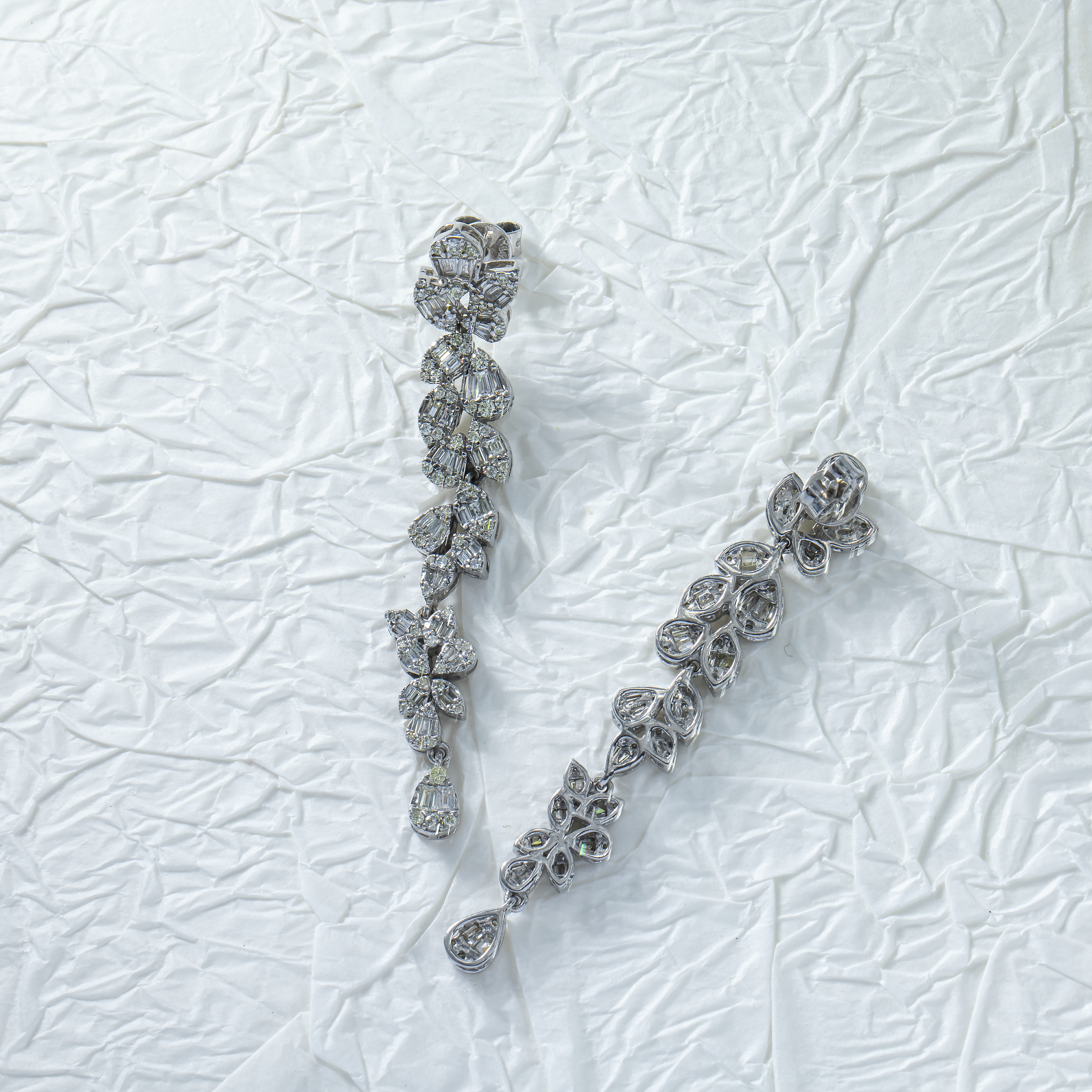 14K White Gold Flower Vine Diamond Drop Earrings 2.83Ctw