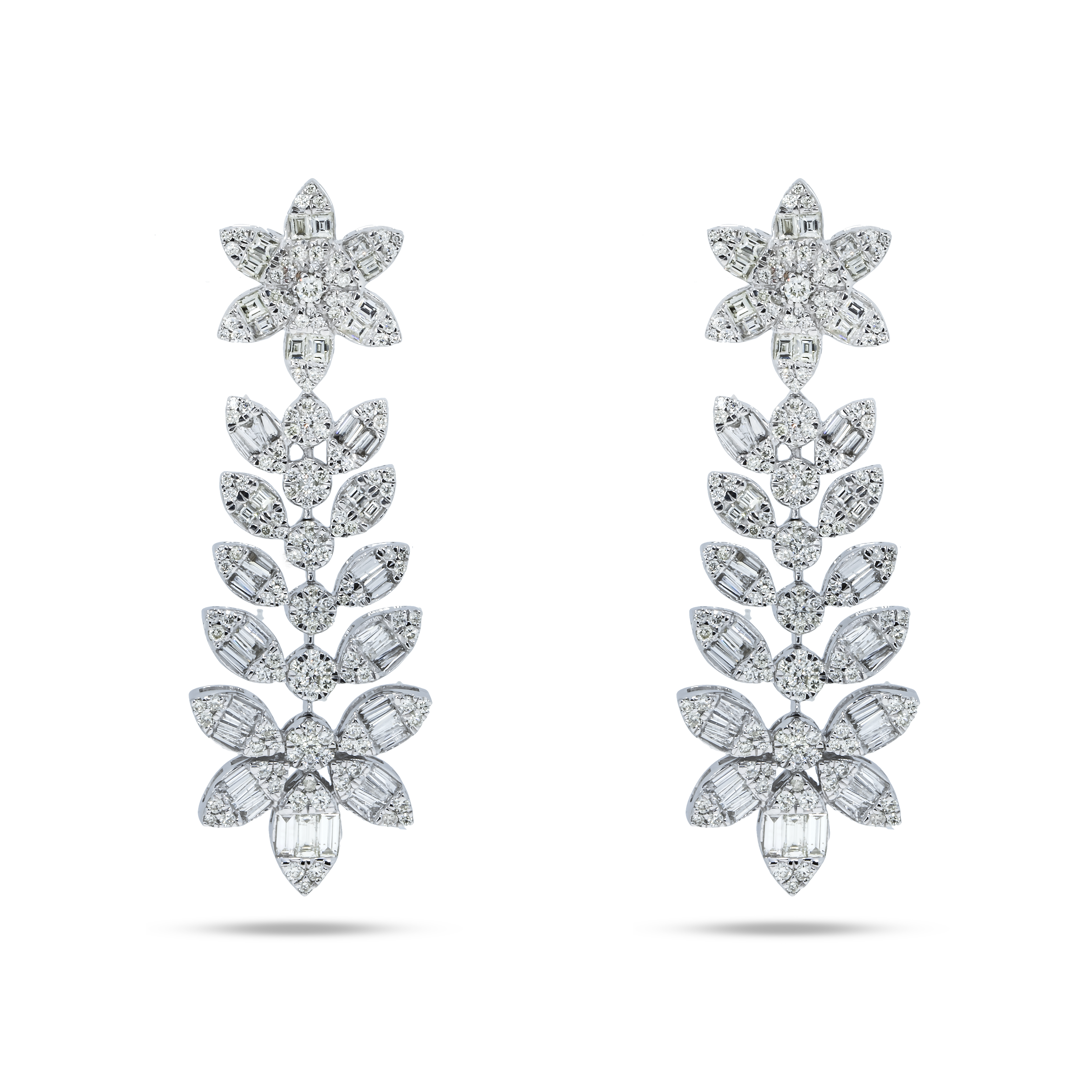 14Kwhite Gold Baguette & Round Diamond Flower Drop Earrings 5.15Ctw
