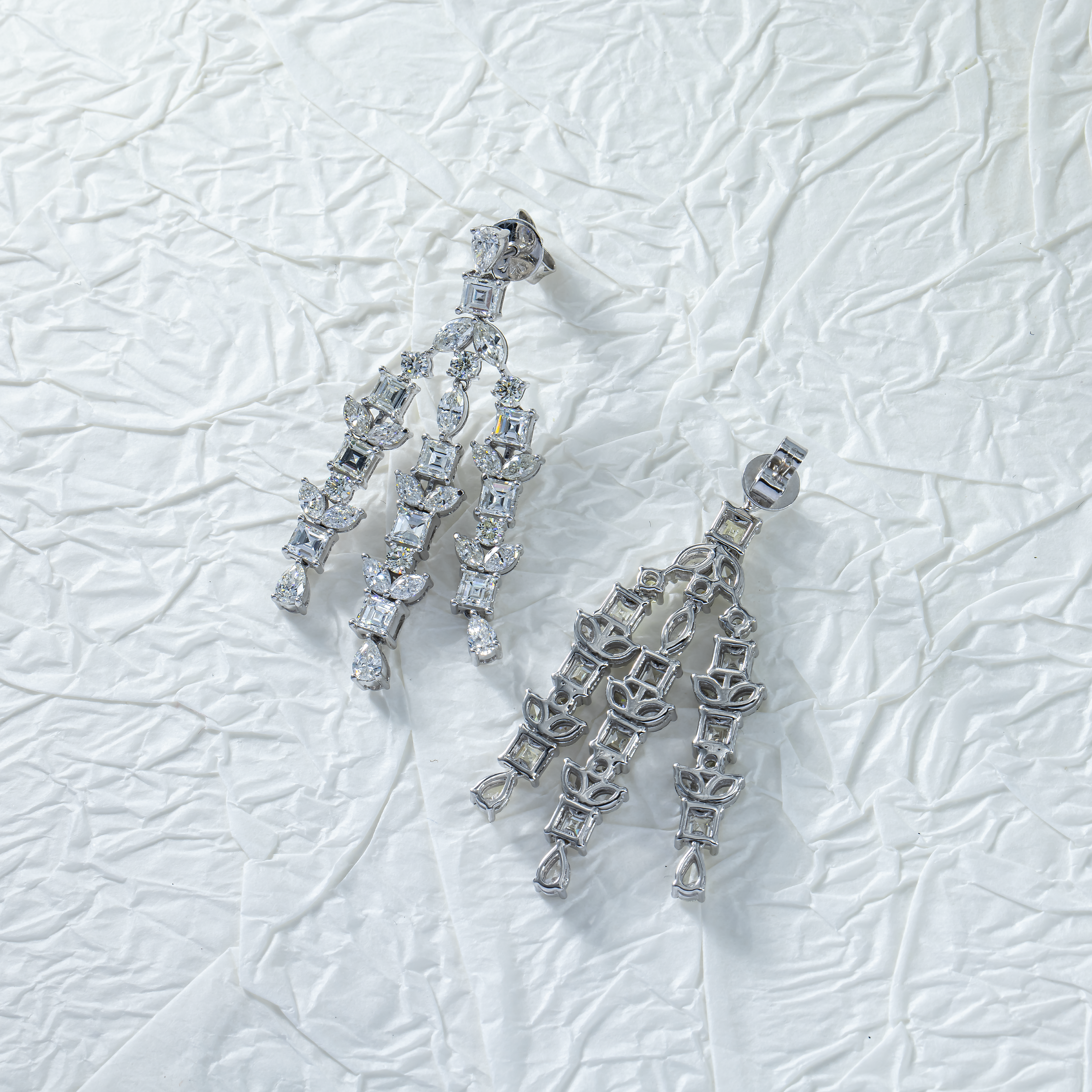 14K White Gold Asscher Cut Diamond Chandelier Earrings 8.46Ct