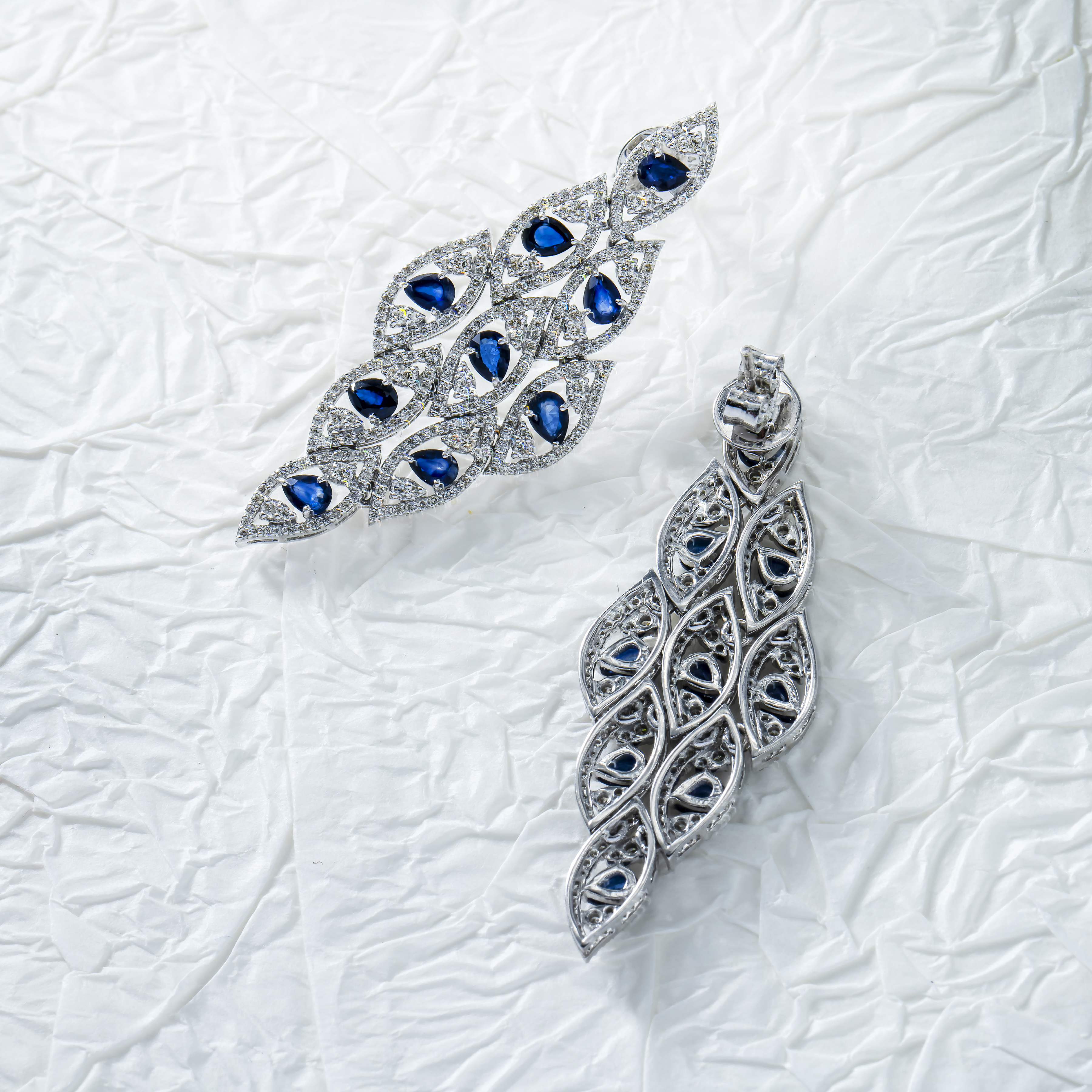 14K White Gold Pear Cut Sapphire & Diamond Drop Earrings