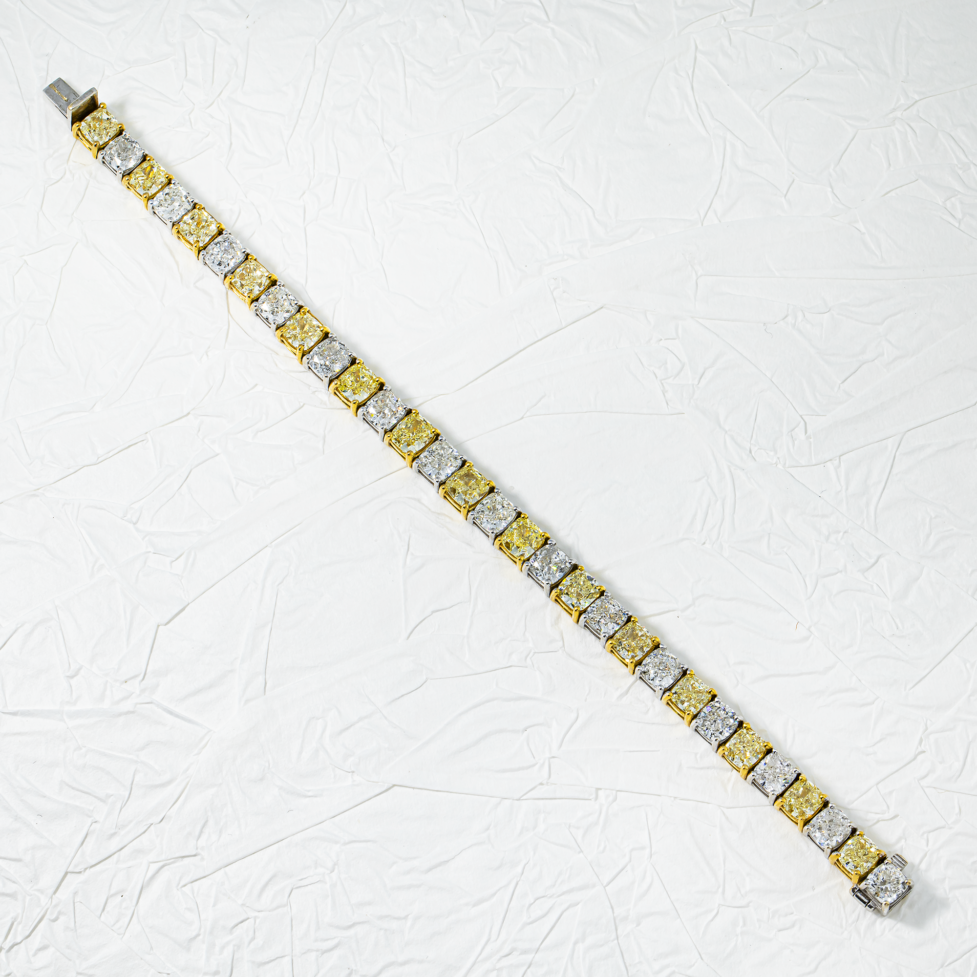 18K Two Tone Fancy Light Yellow & White Cushion Cut Diamond Tennis Bracelet 31.02ct