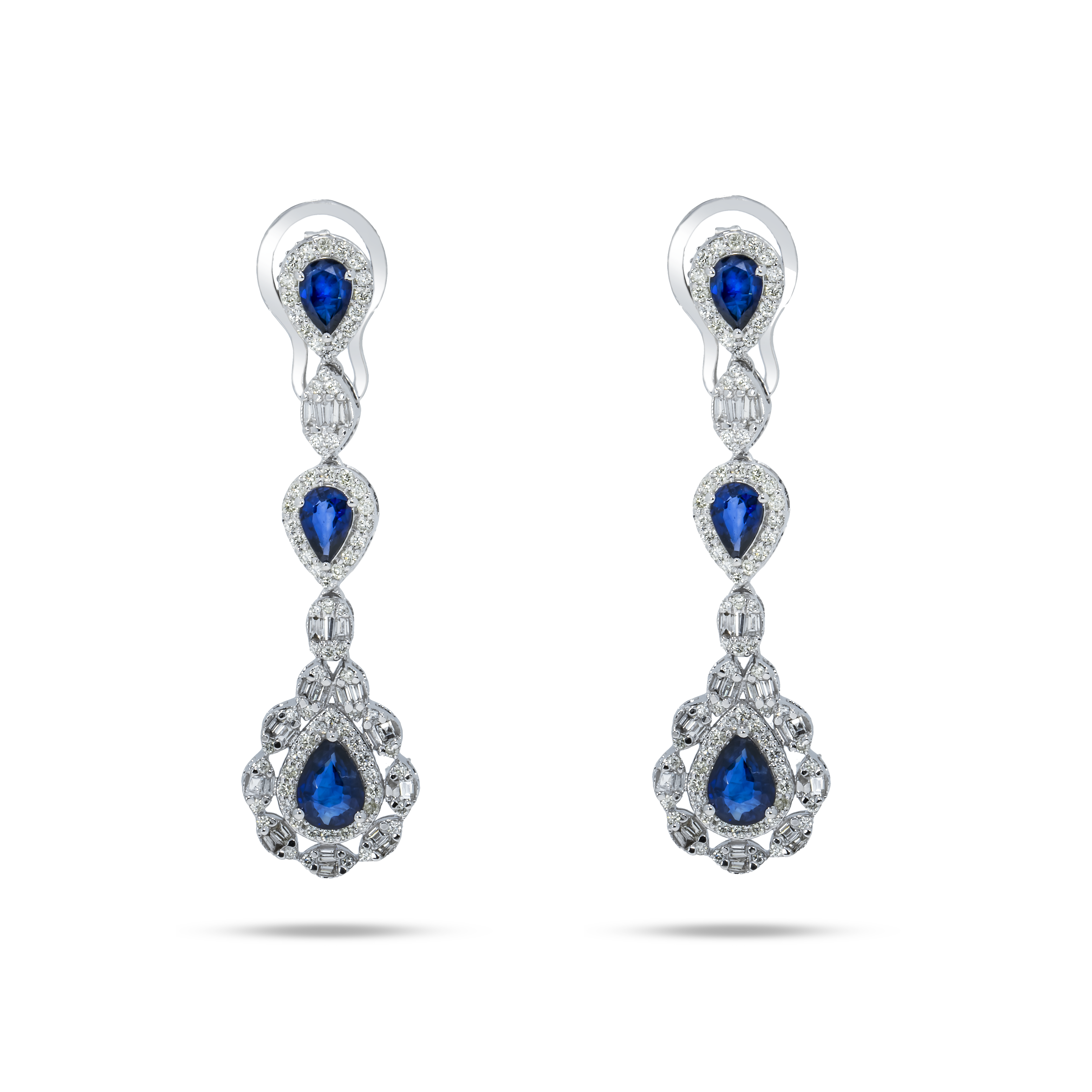 14K White Gold Pear Cut Sapphire & Diamond Drop Earrings