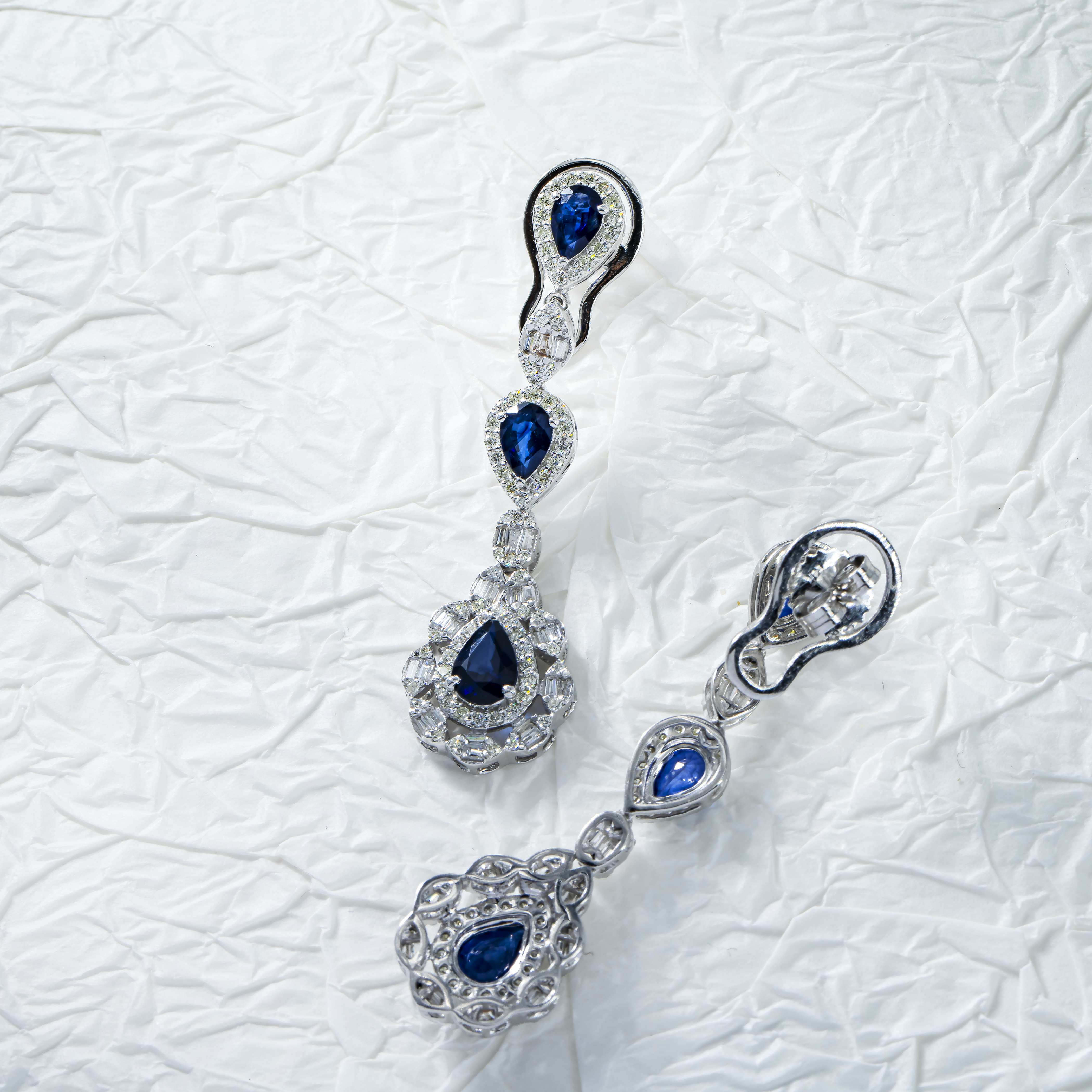 14K White Gold Pear Cut Sapphire & Diamond Drop Earrings