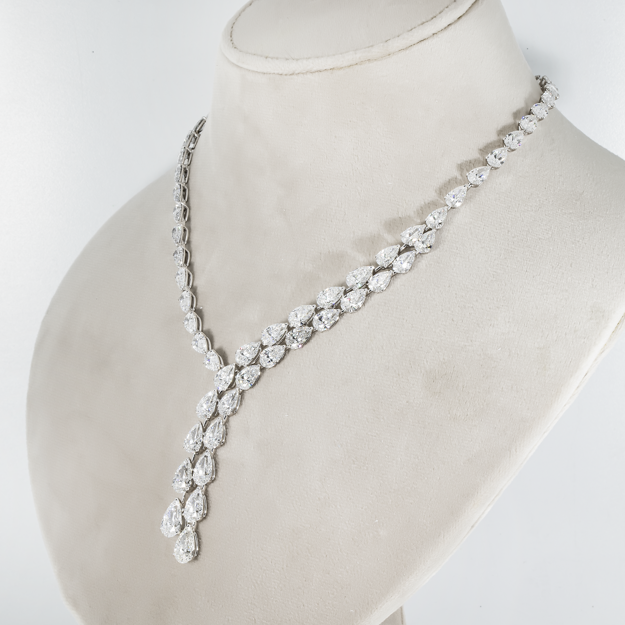 18K White Gold Detailed Pear Cut Diamond Drop Necklace 56.95Ct Necklace