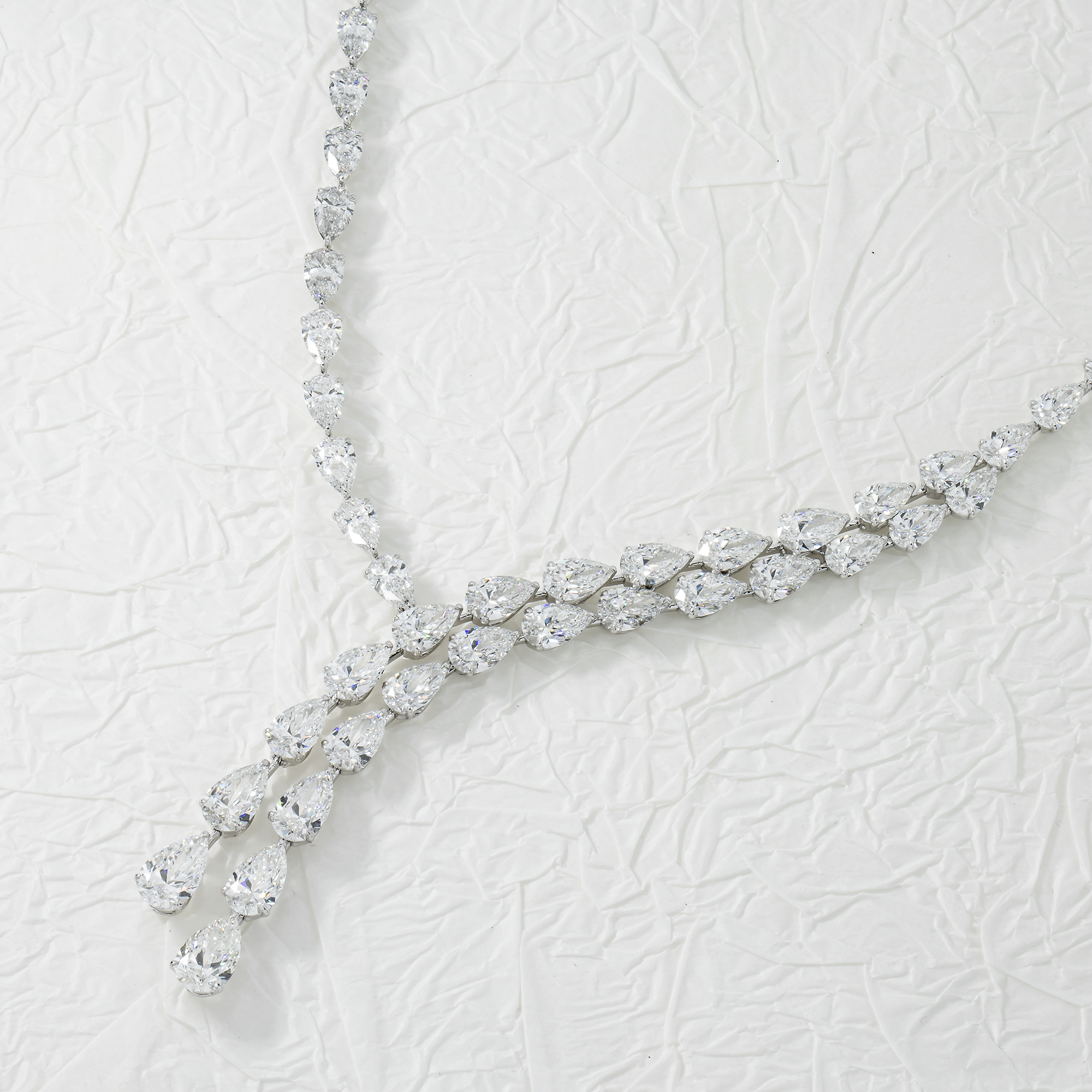 18K White Gold Detailed Pear Cut Diamond Drop Necklace 56.95Ct Necklace