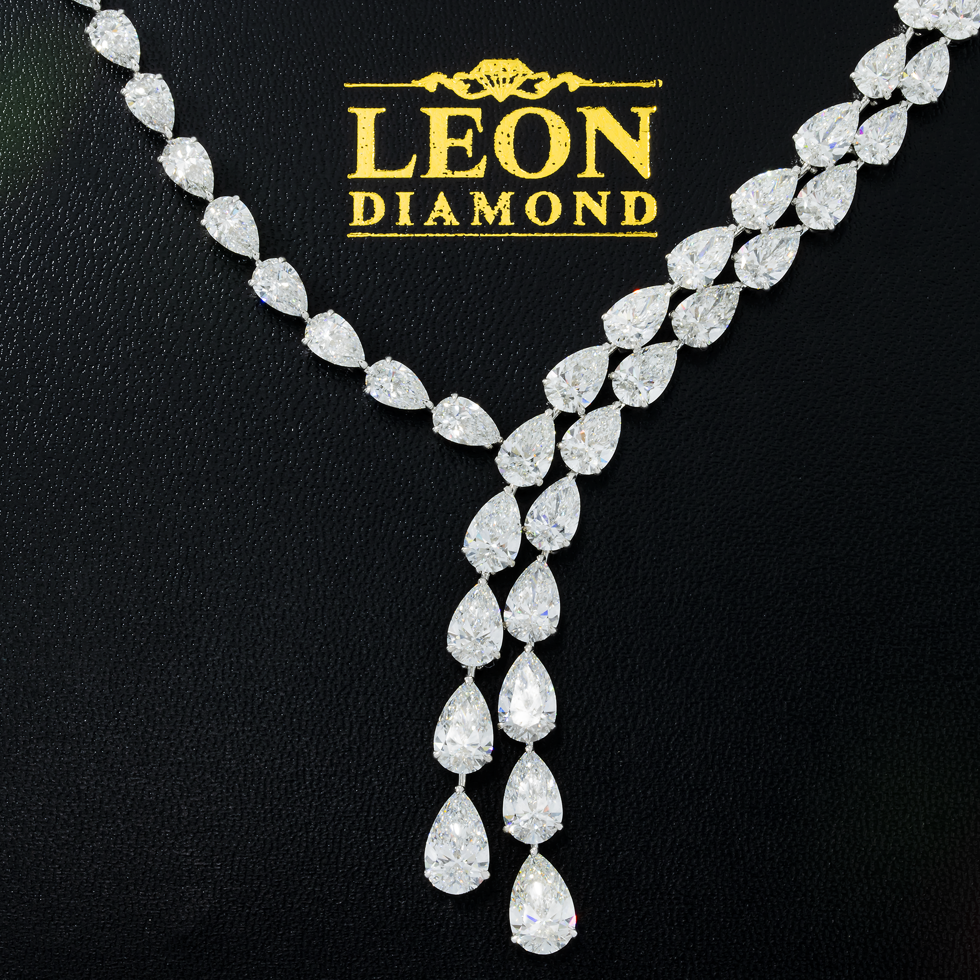 18K White Gold Detailed Pear Cut Diamond Drop Necklace 56.95Ct Necklace
