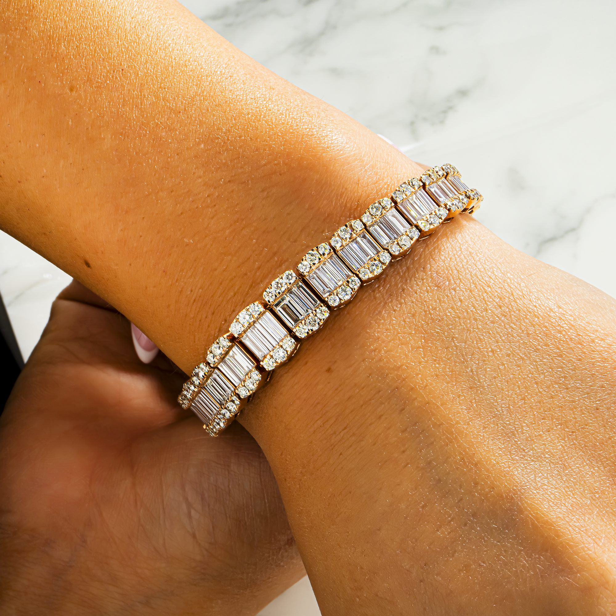 14K Rose Gold Graduated Baguette & Round Diamond Bracelet 14.48ct