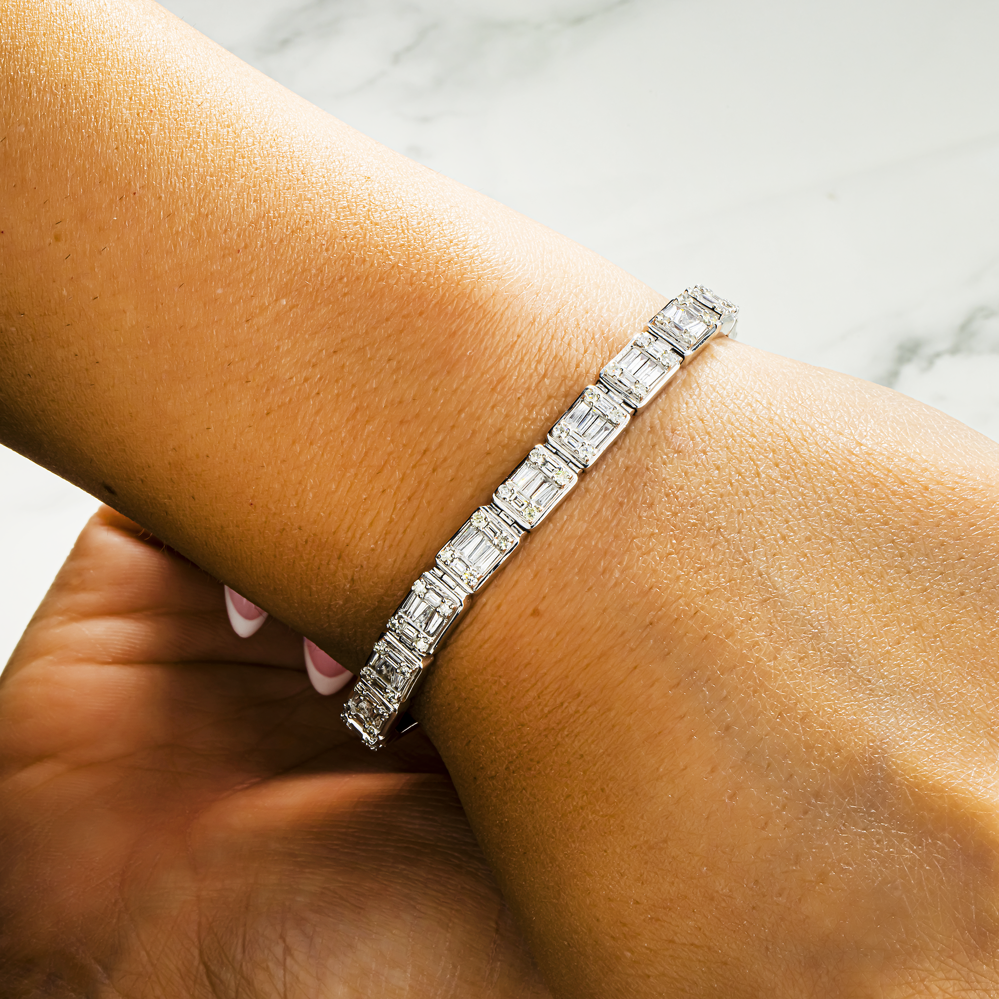 14K White Gold Baguette & Round Diamond Bracelet 6.05ct