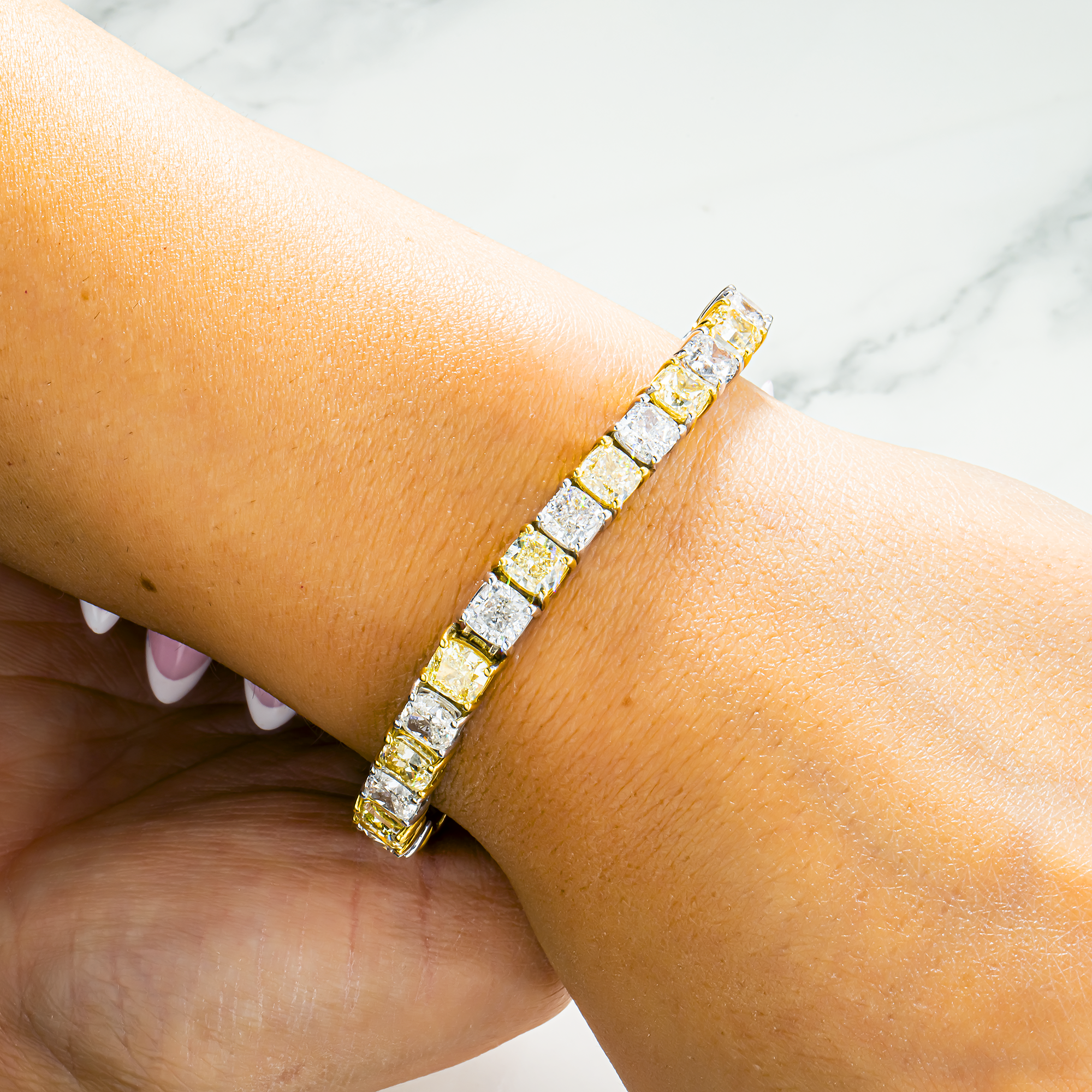 18K Two Tone Fancy Light Yellow & White Cushion Cut Diamond Tennis Bracelet 31.02ct