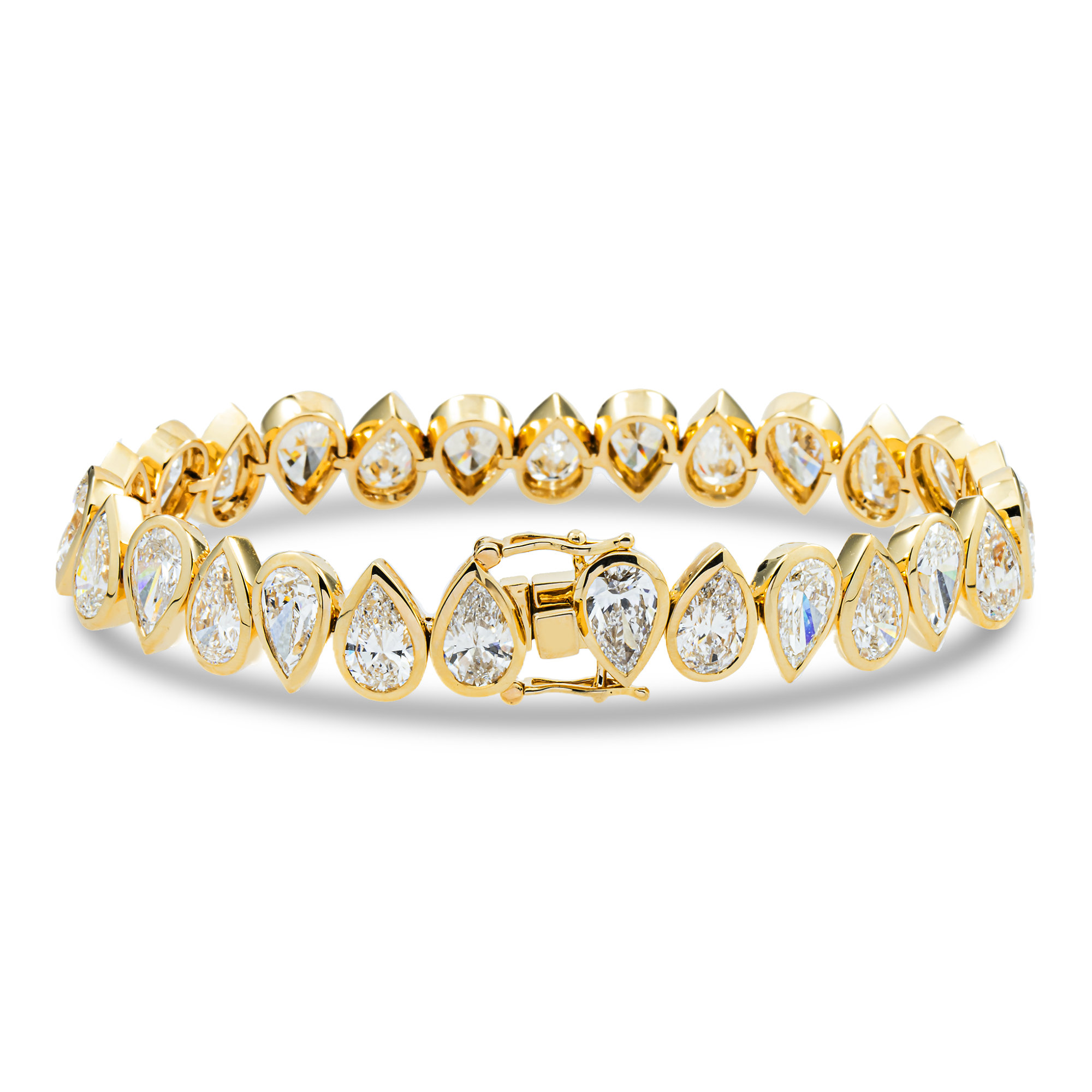 14K Yellow Gold Bezel Set Pear Cut Diamond Tennis Bracelet 21.89ct