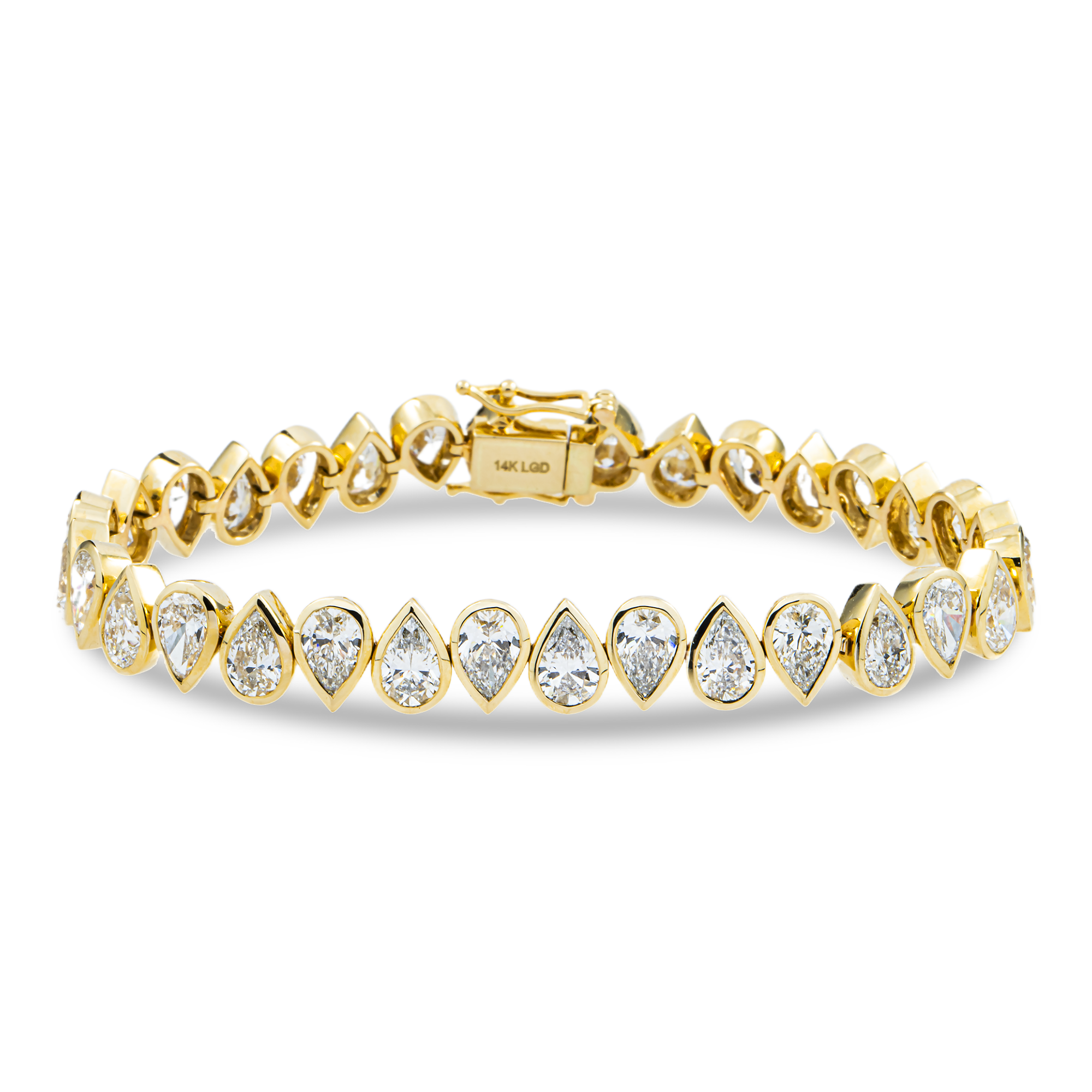 14K Yellow Gold Bezel Set Pear Cut Diamond Tennis Bracelet 14.59ct