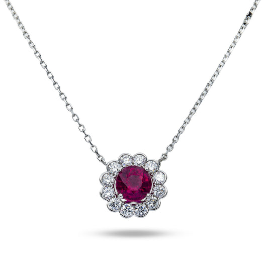 14K & 18K White Gold Round Diamond Ruby Gemstone Necklace Necklace