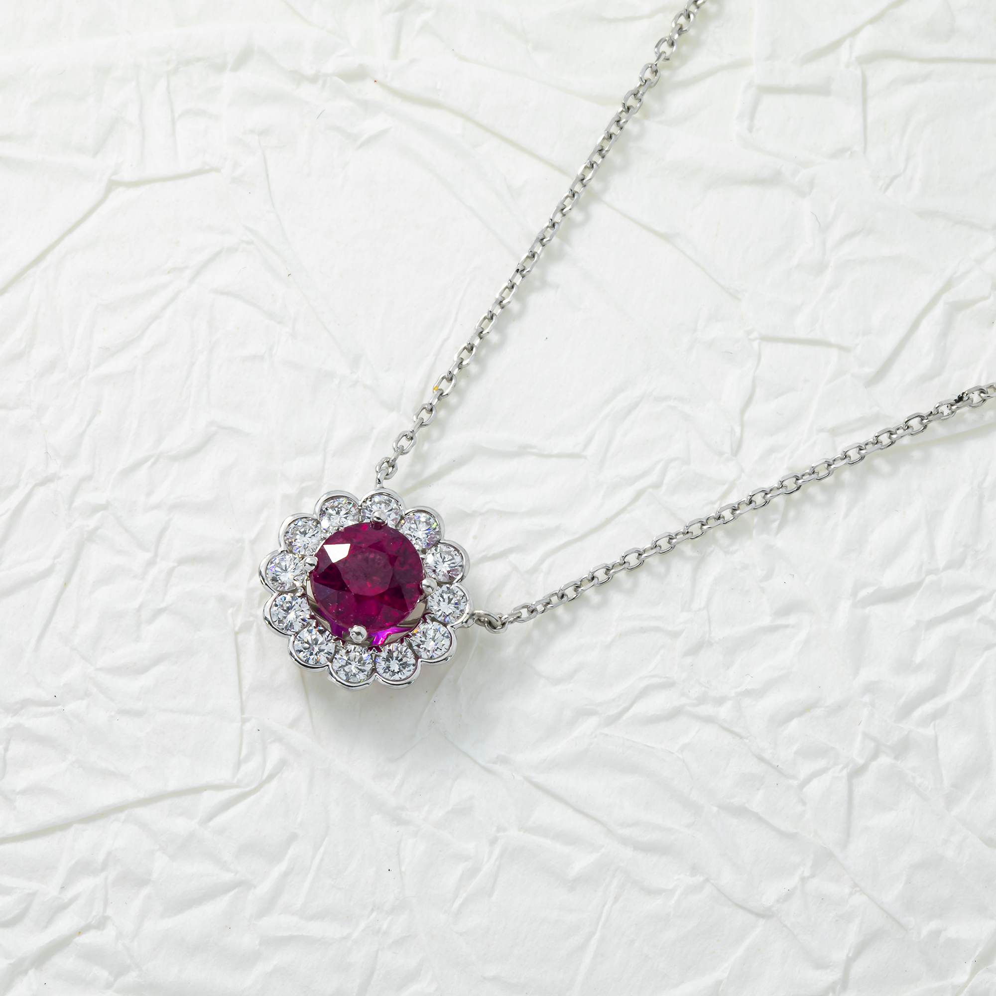 14K & 18K White Gold Round Diamond Ruby Gemstone Necklace Necklace