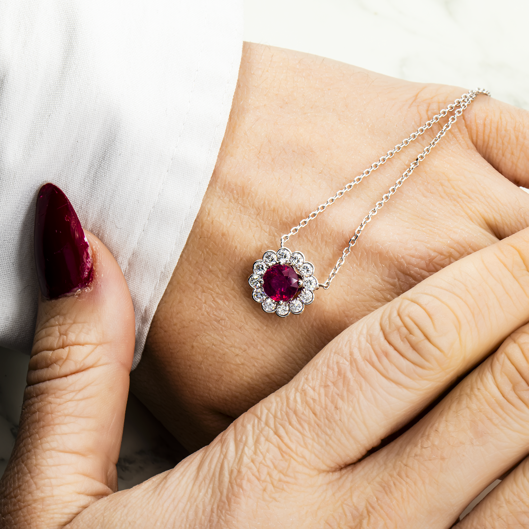 14K & 18K White Gold Round Diamond Ruby Gemstone Necklace Necklace