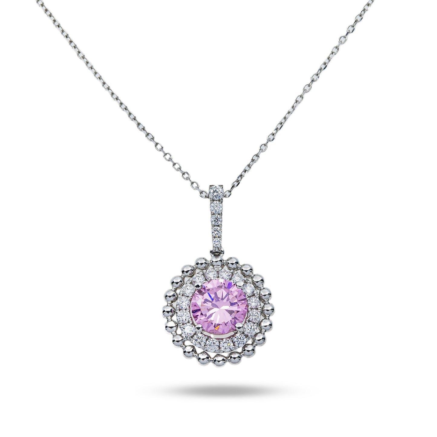 14K & 18K White Gold Round Diamond & Pink Tourmaline Gemstone Necklace