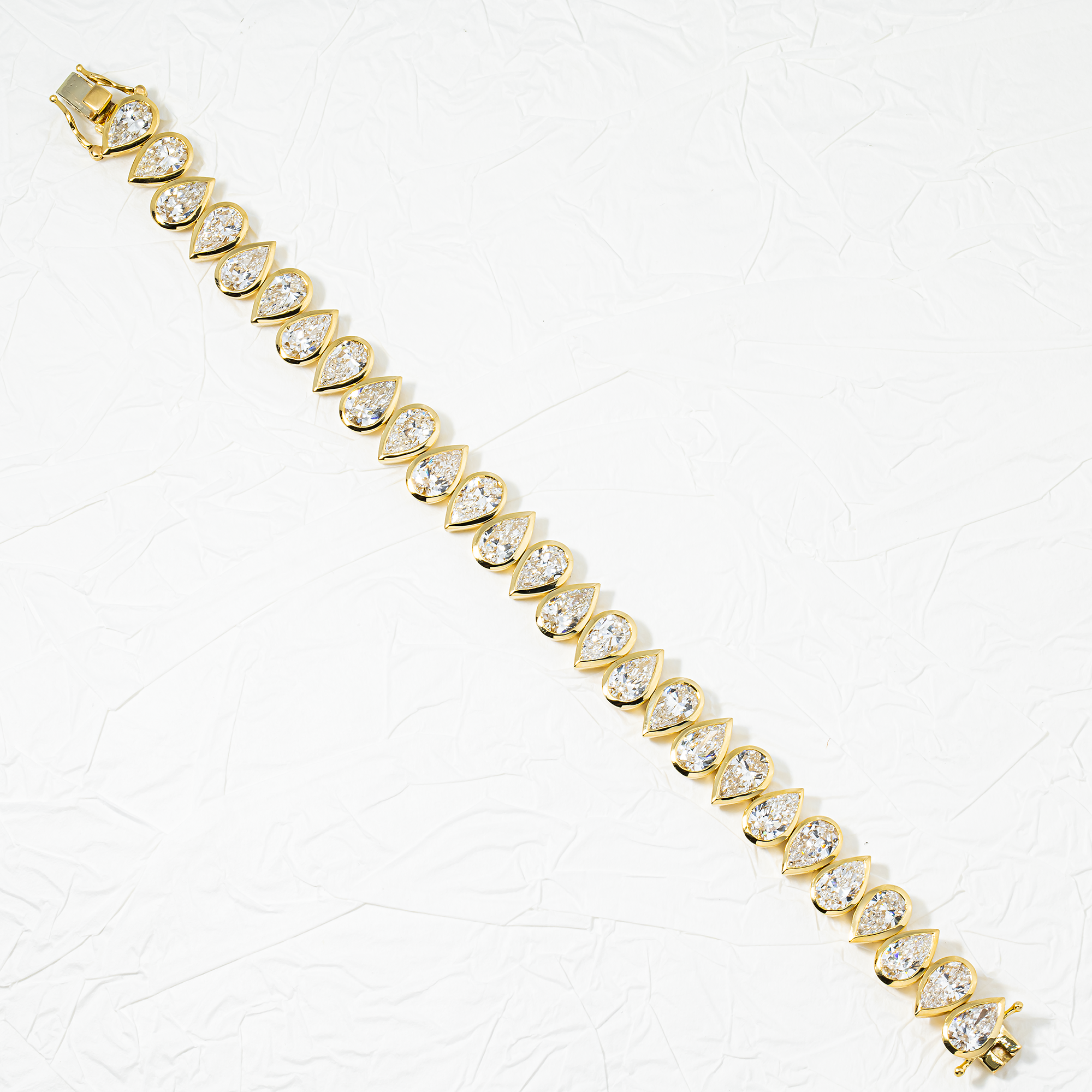 14K Yellow Gold Bezel Set Pear Cut Diamond Tennis Bracelet 21.89ct